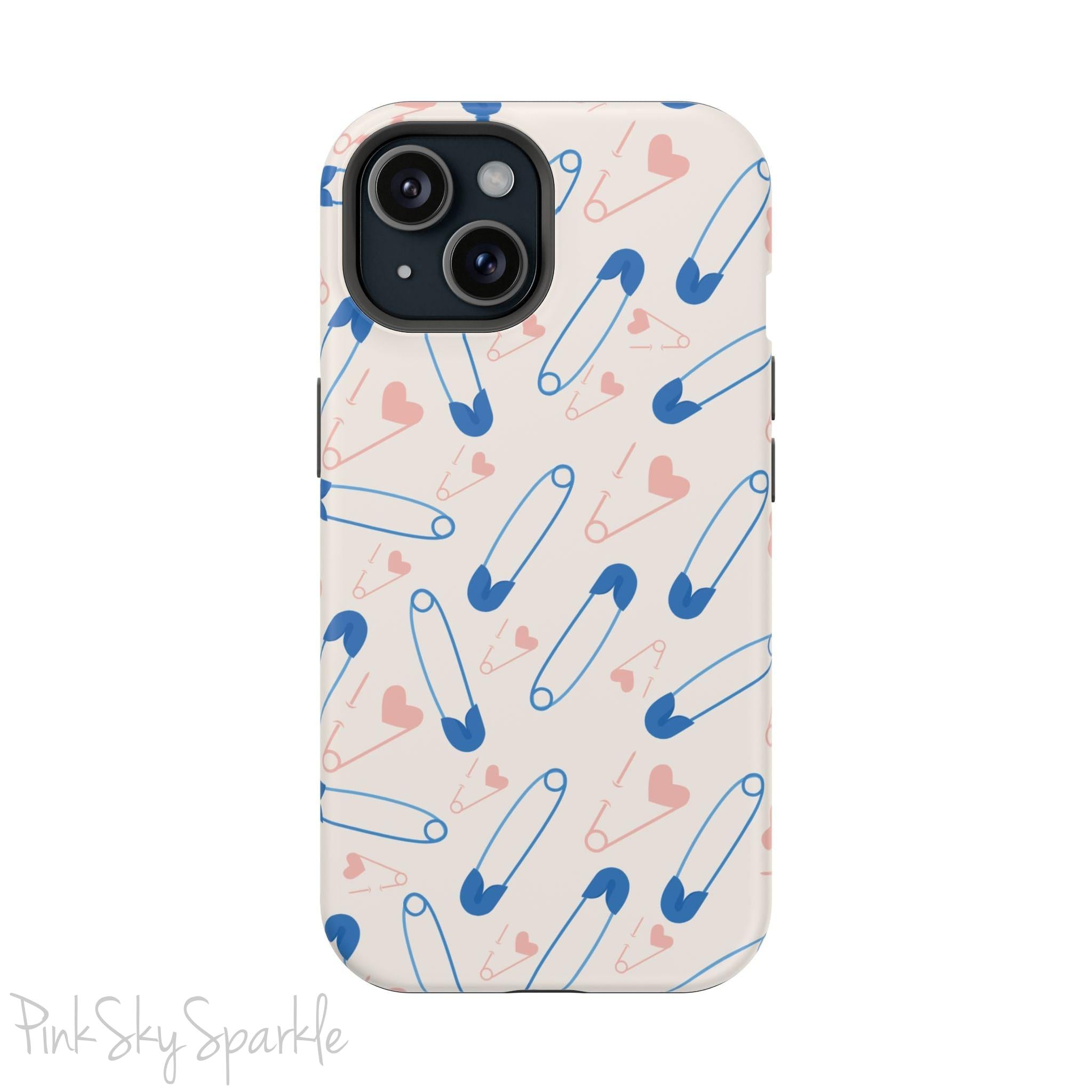 Make a statement with the Safety Pin Magnetic iPhone Case. Featuring a sleek design of blue safety pins, this case adds unique flair while providing durable protection for iPhone models 13, 14, 15, and 16.