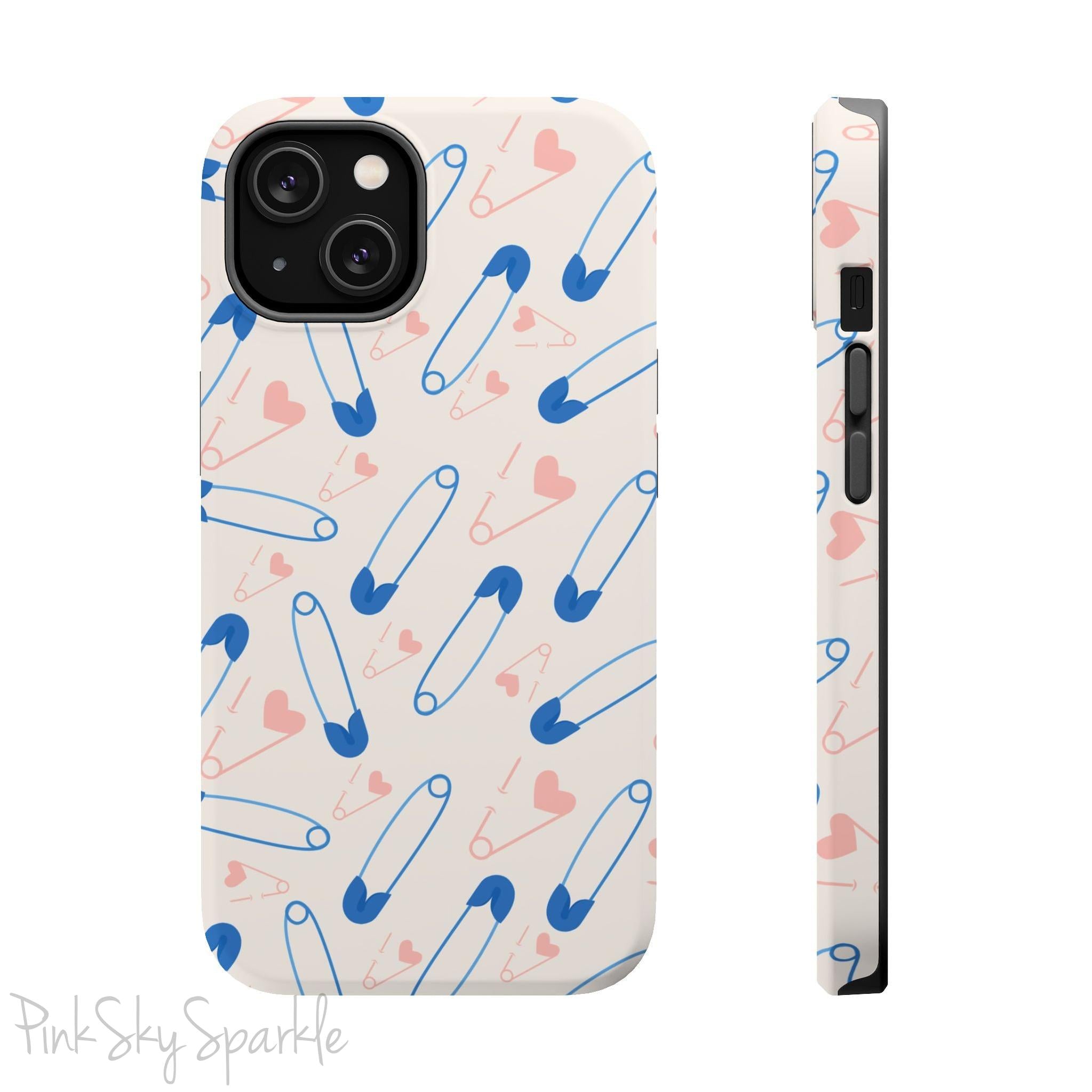 Make a statement with the Safety Pin Magnetic iPhone Case. Featuring a sleek design of blue safety pins, this case adds unique flair while providing durable protection for iPhone models 13, 14, 15, and 16.