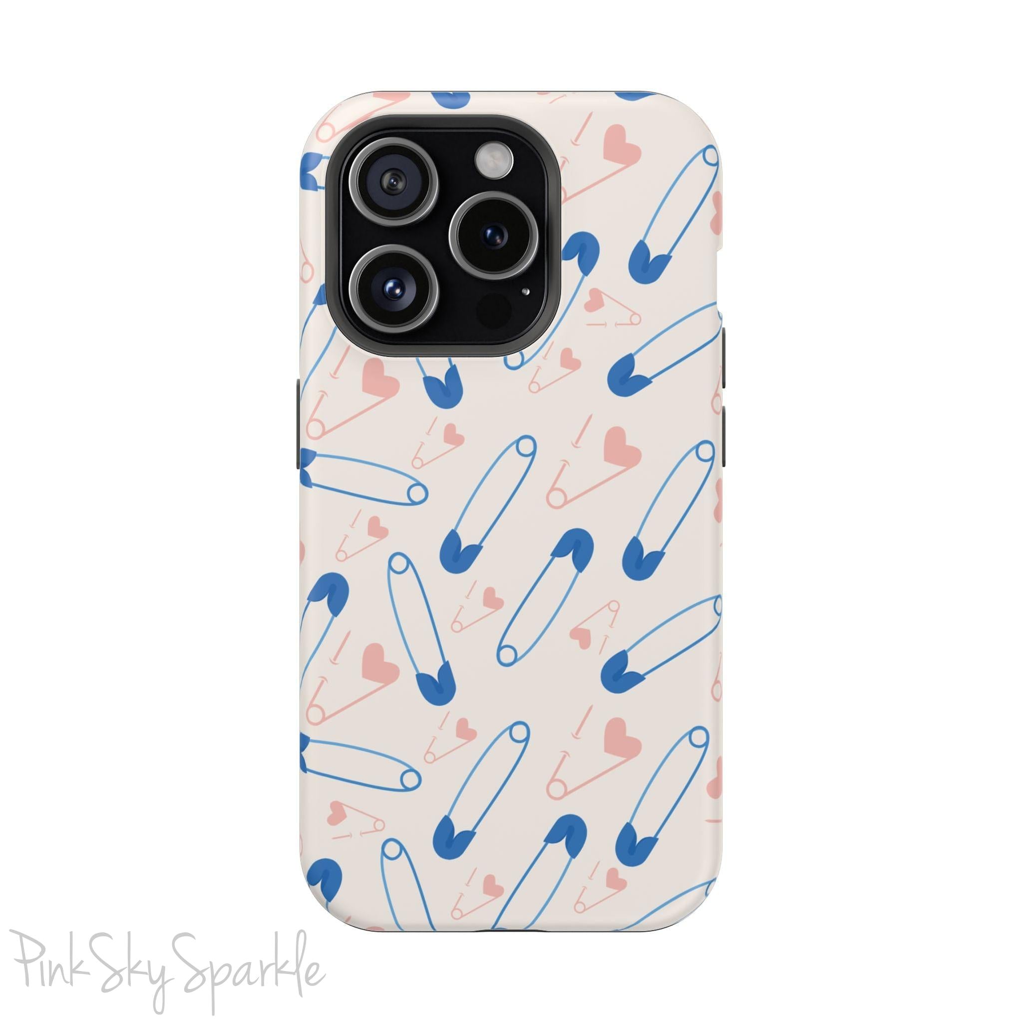 Make a statement with the Safety Pin Magnetic iPhone Case. Featuring a sleek design of blue safety pins, this case adds unique flair while providing durable protection for iPhone models 13, 14, 15, and 16.