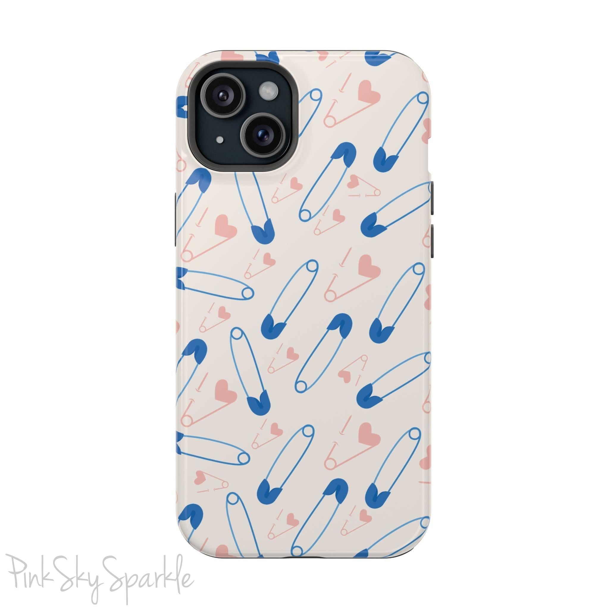 Make a statement with the Safety Pin Magnetic iPhone Case. Featuring a sleek design of blue safety pins, this case adds unique flair while providing durable protection for iPhone models 13, 14, 15, and 16.