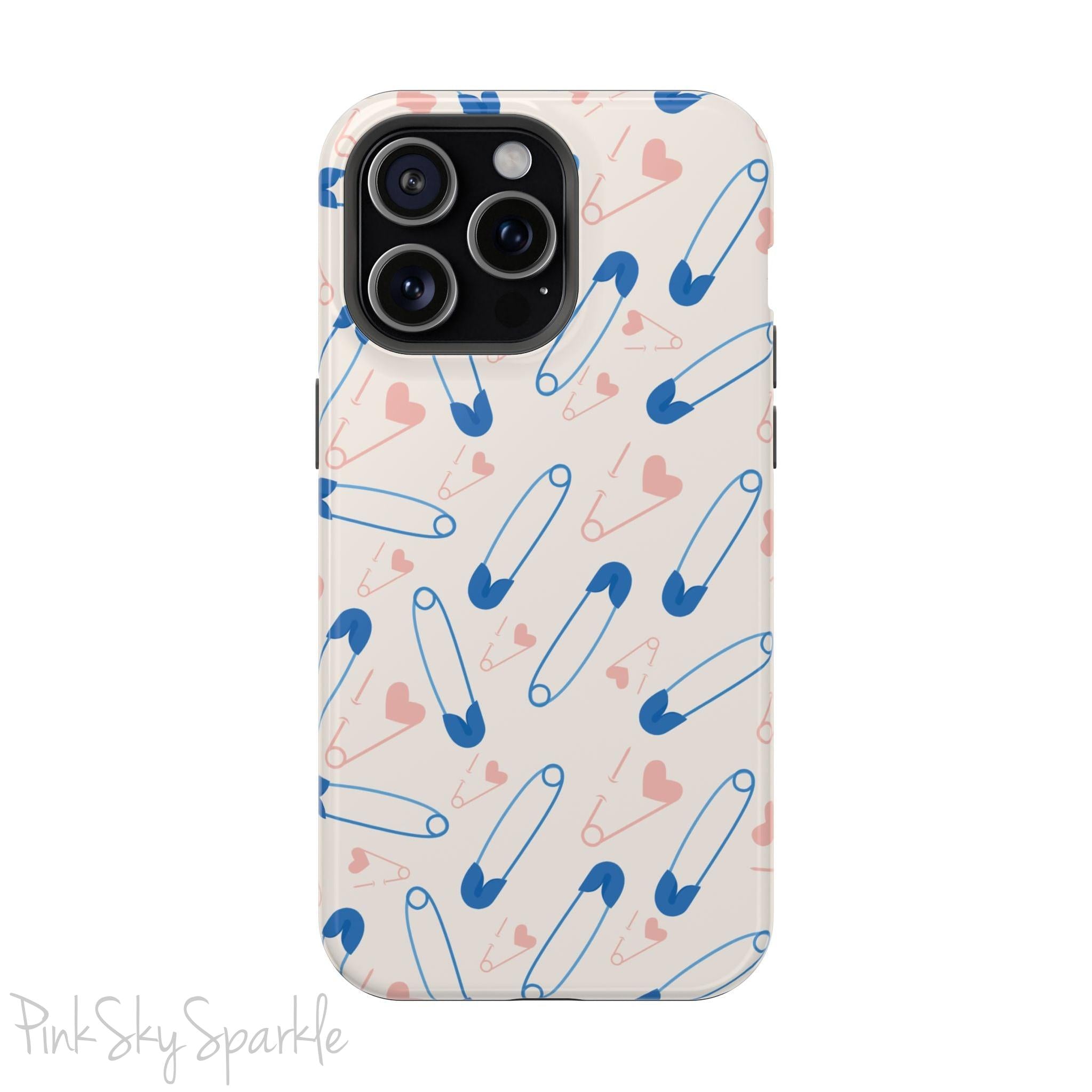 Make a statement with the Safety Pin Magnetic iPhone Case. Featuring a sleek design of blue safety pins, this case adds unique flair while providing durable protection for iPhone models 13, 14, 15, and 16.