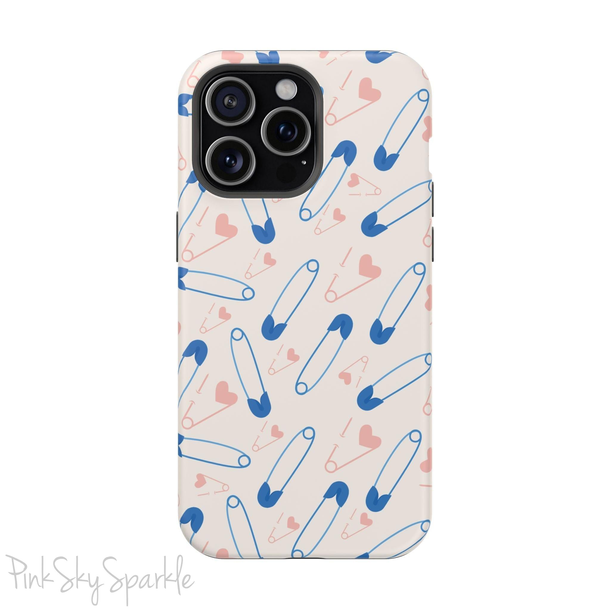 Make a statement with the Safety Pin Magnetic iPhone Case. Featuring a sleek design of blue safety pins, this case adds unique flair while providing durable protection for iPhone models 13, 14, 15, and 16.