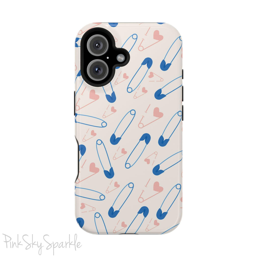 Make a statement with the Safety Pin Magnetic iPhone Case. Featuring a sleek design of blue safety pins, this case adds unique flair while providing durable protection for iPhone models 13, 14, 15, and 16.
