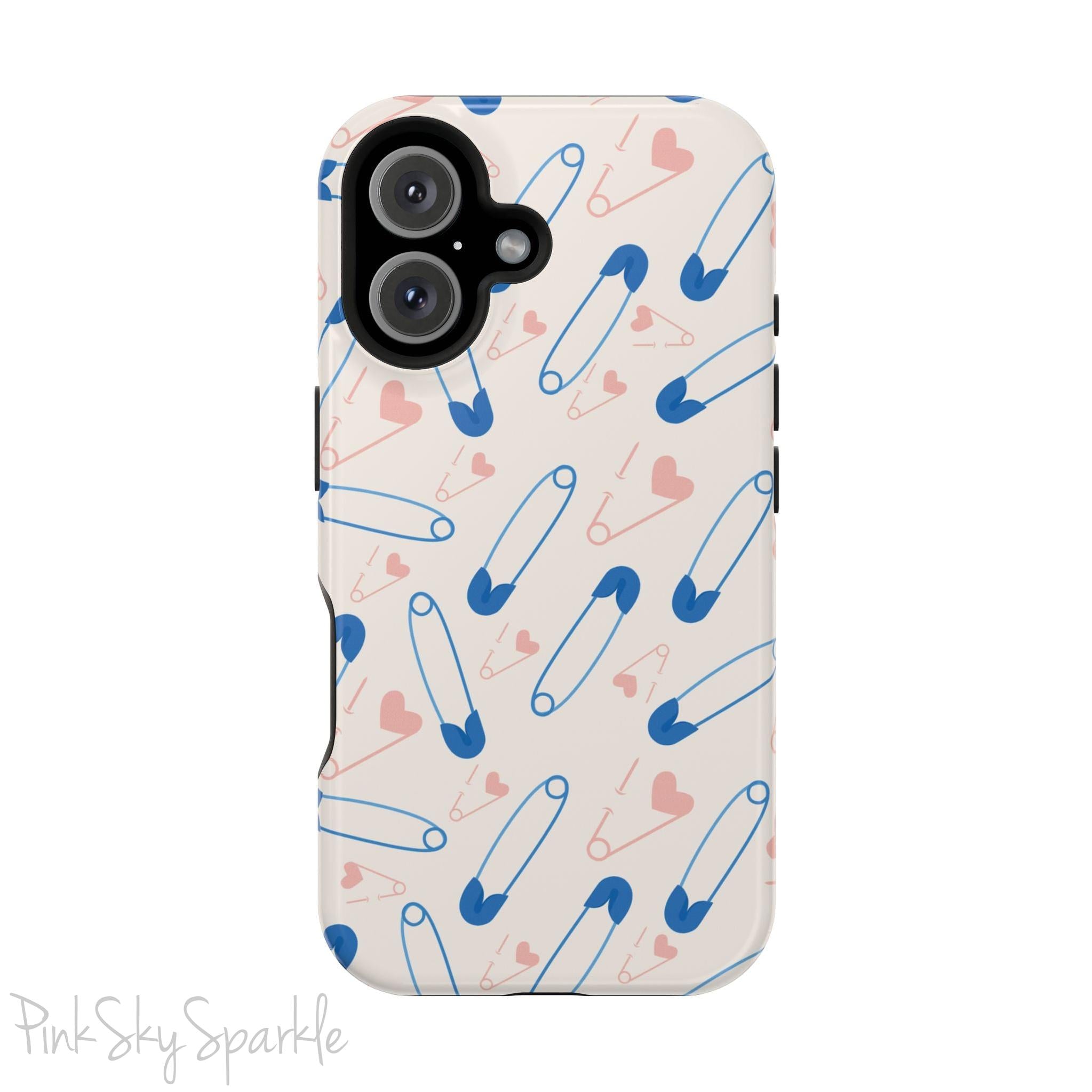 Make a statement with the Safety Pin Magnetic iPhone Case. Featuring a sleek design of blue safety pins, this case adds unique flair while providing durable protection for iPhone models 13, 14, 15, and 16.