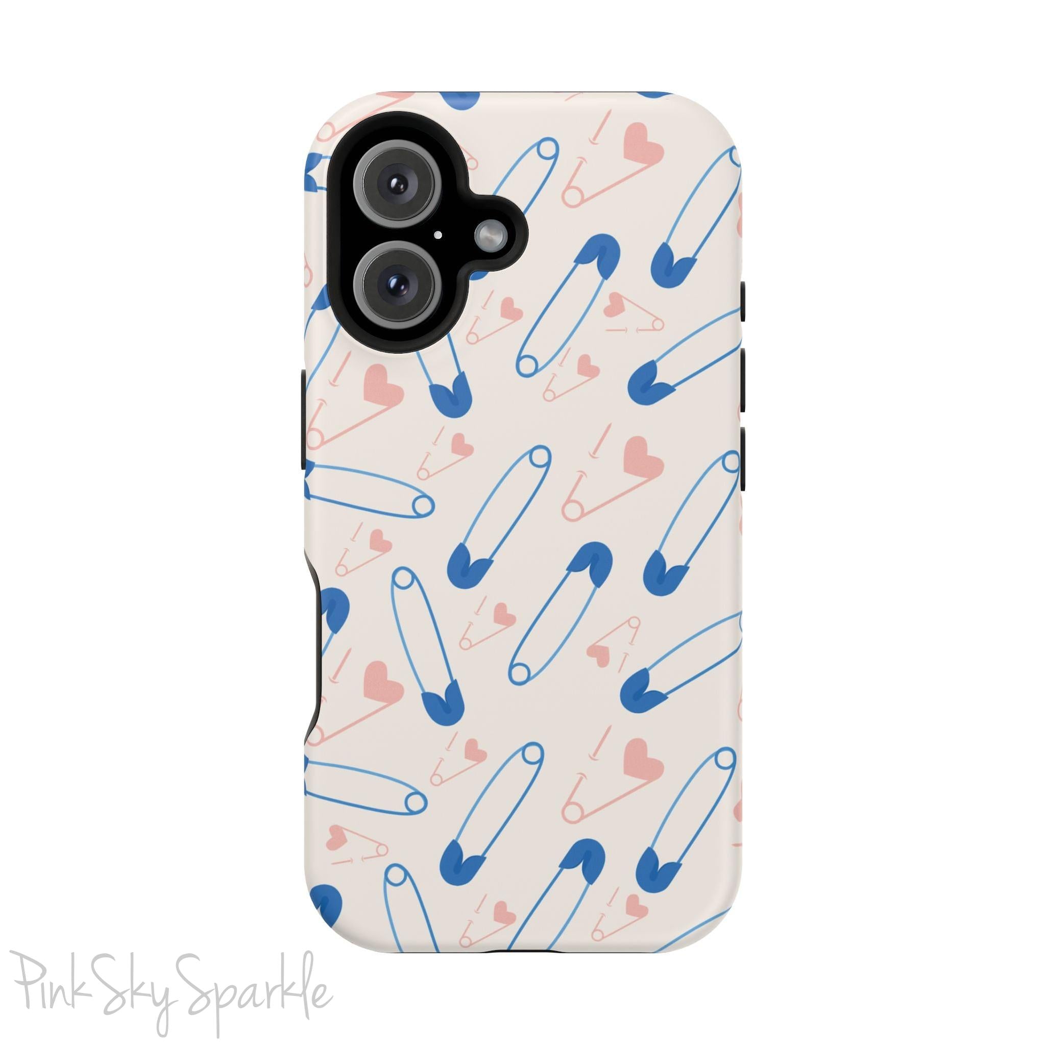 Make a statement with the Safety Pin Magnetic iPhone Case. Featuring a sleek design of blue safety pins, this case adds unique flair while providing durable protection for iPhone models 13, 14, 15, and 16.