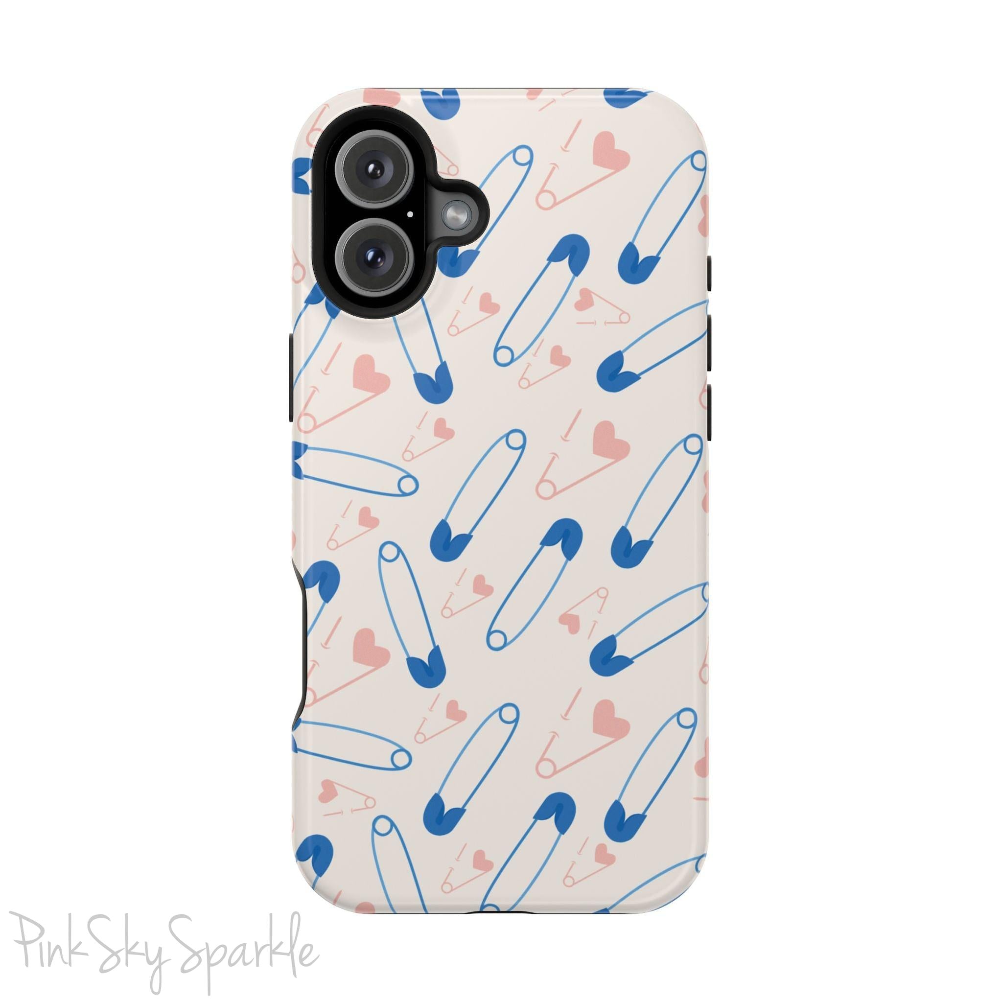 Make a statement with the Safety Pin Magnetic iPhone Case. Featuring a sleek design of blue safety pins, this case adds unique flair while providing durable protection for iPhone models 13, 14, 15, and 16.