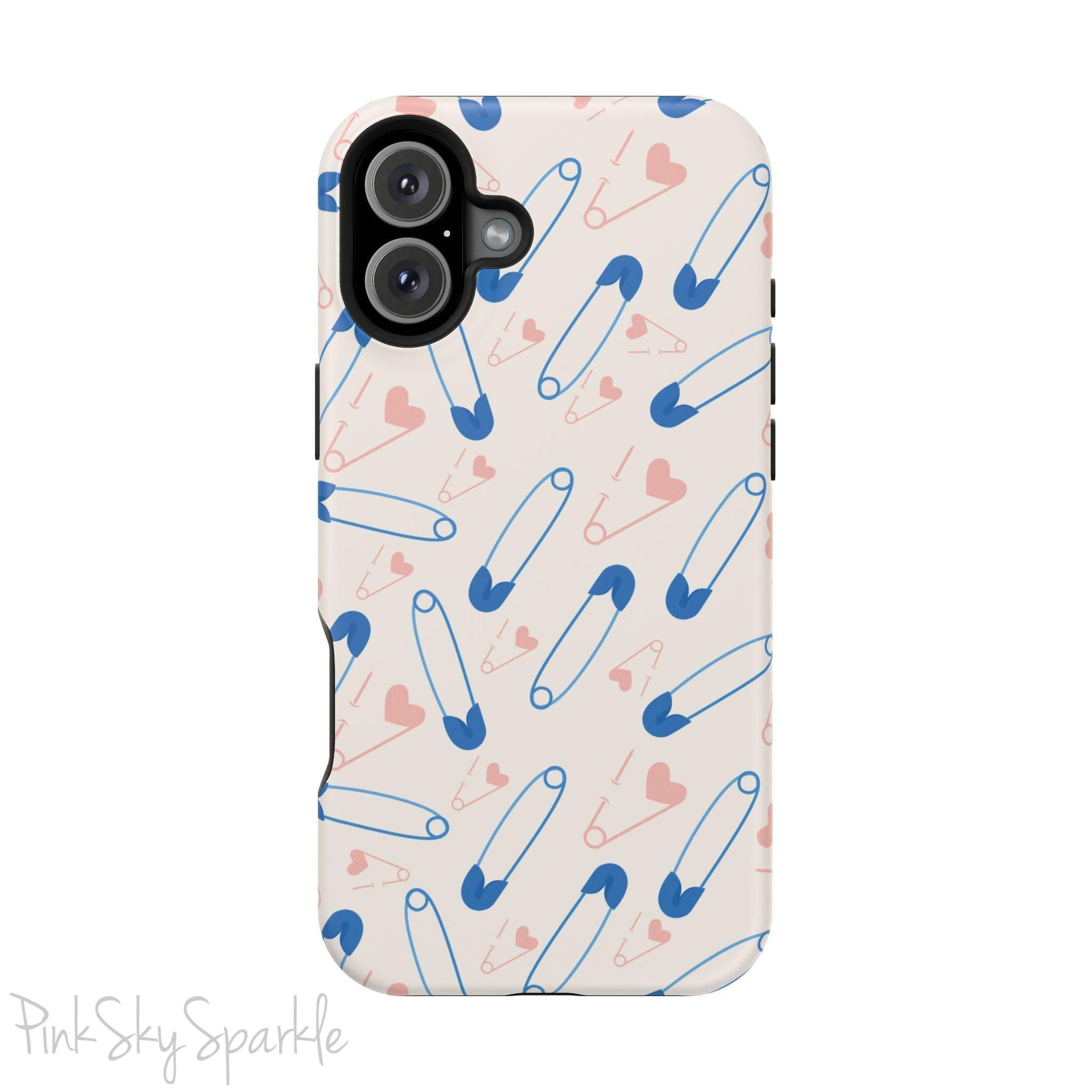 Make a statement with the Safety Pin Magnetic iPhone Case. Featuring a sleek design of blue safety pins, this case adds unique flair while providing durable protection for iPhone models 13, 14, 15, and 16.