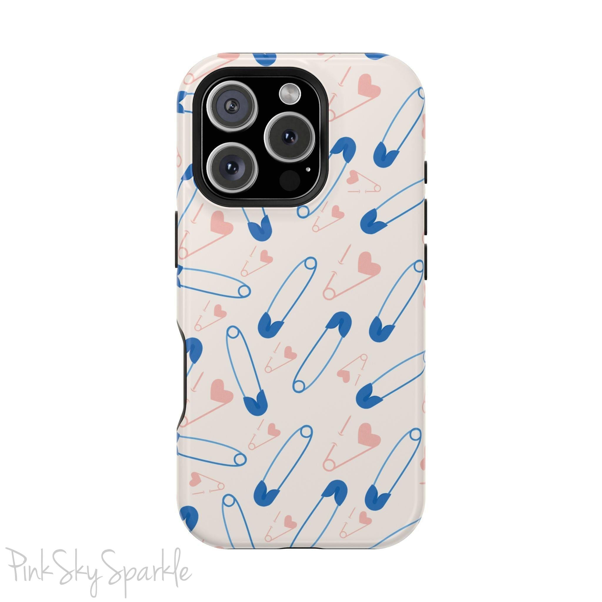 Make a statement with the Safety Pin Magnetic iPhone Case. Featuring a sleek design of blue safety pins, this case adds unique flair while providing durable protection for iPhone models 13, 14, 15, and 16.