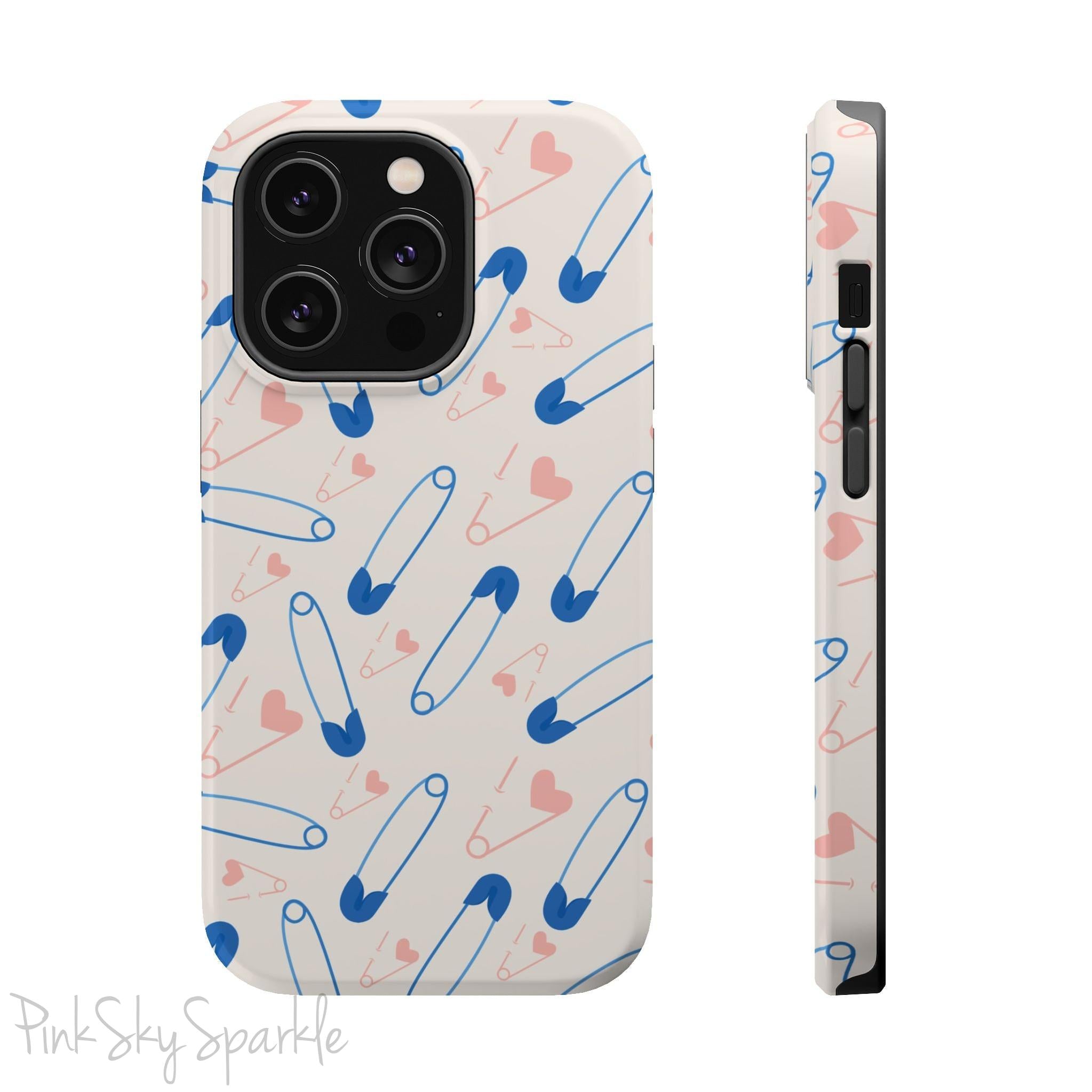 Make a statement with the Safety Pin Magnetic iPhone Case. Featuring a sleek design of blue safety pins, this case adds unique flair while providing durable protection for iPhone models 13, 14, 15, and 16.