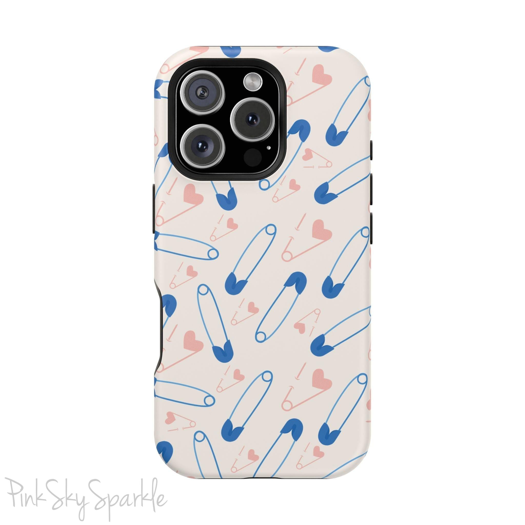 Make a statement with the Safety Pin Magnetic iPhone Case. Featuring a sleek design of blue safety pins, this case adds unique flair while providing durable protection for iPhone models 13, 14, 15, and 16.