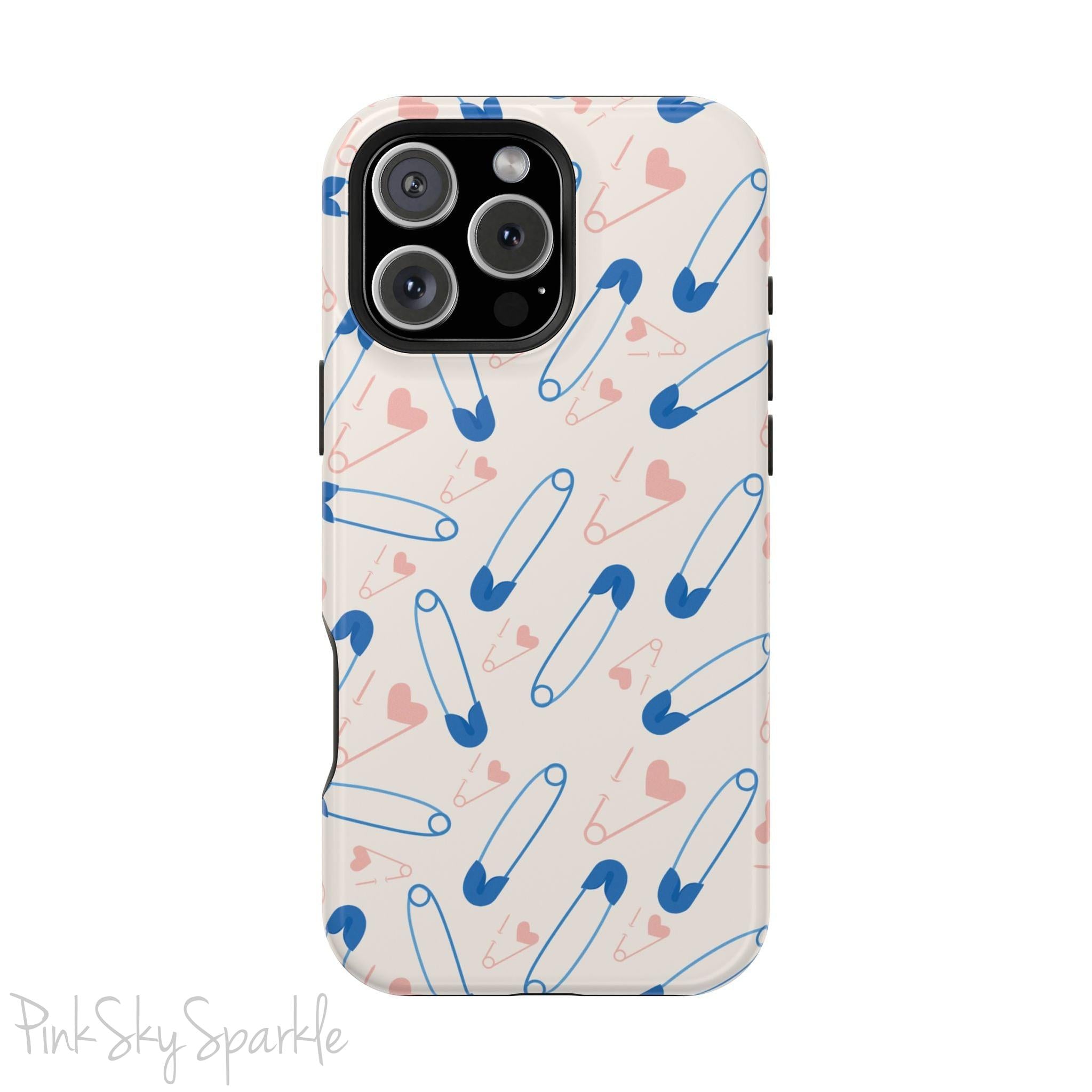 Make a statement with the Safety Pin Magnetic iPhone Case. Featuring a sleek design of blue safety pins, this case adds unique flair while providing durable protection for iPhone models 13, 14, 15, and 16.