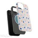 Make a statement with the Safety Pin Magnetic iPhone Case. Featuring a sleek design of blue safety pins, this case adds unique flair while providing durable protection for iPhone models 13, 14, 15, and 16.