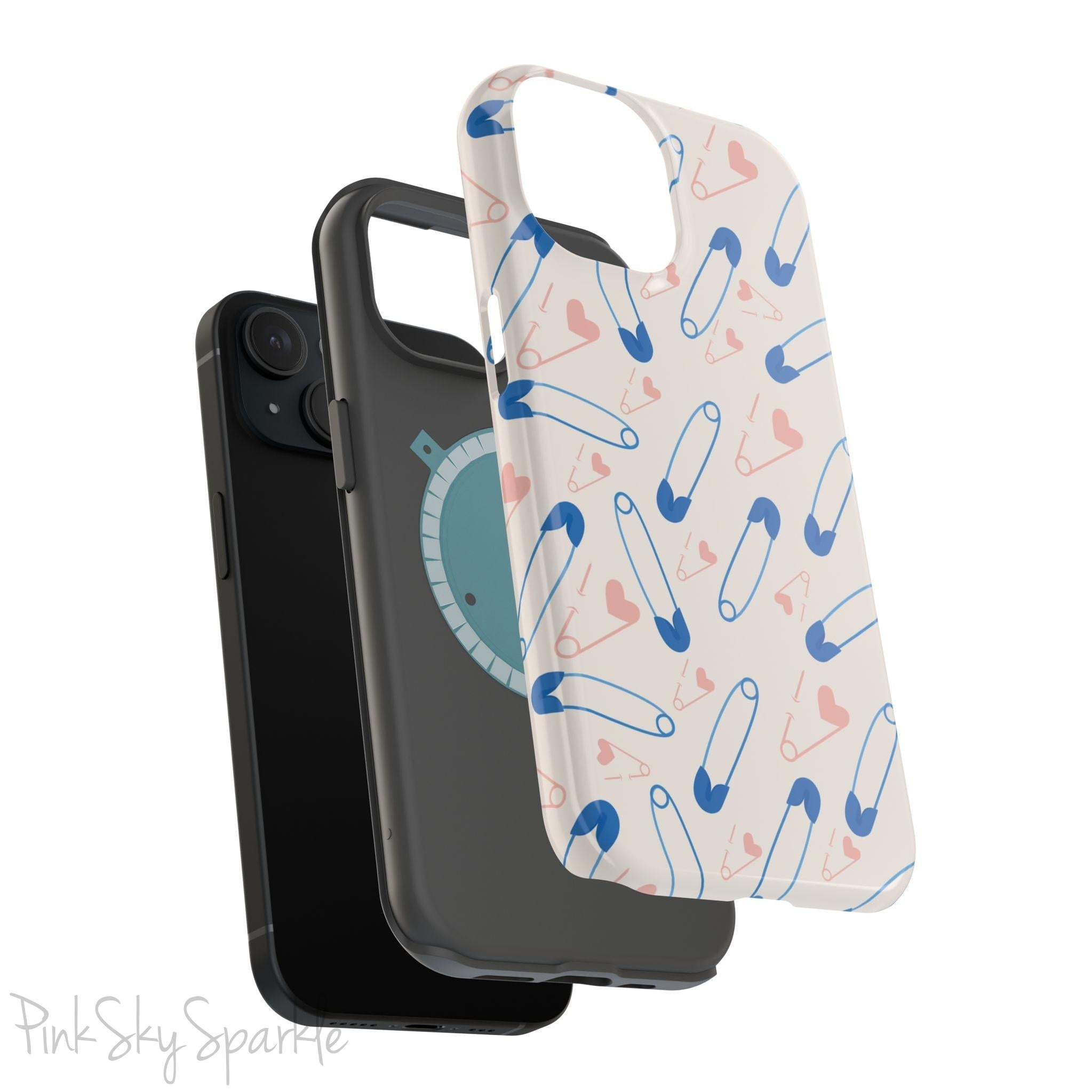 Make a statement with the Safety Pin Magnetic iPhone Case. Featuring a sleek design of blue safety pins, this case adds unique flair while providing durable protection for iPhone models 13, 14, 15, and 16.