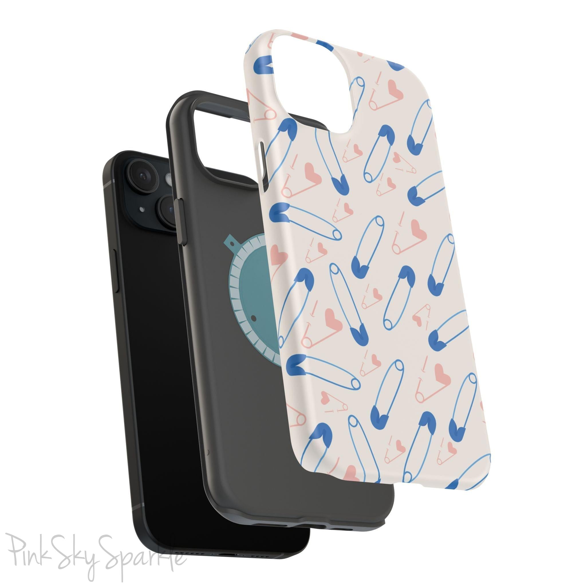 Make a statement with the Safety Pin Magnetic iPhone Case. Featuring a sleek design of blue safety pins, this case adds unique flair while providing durable protection for iPhone models 13, 14, 15, and 16.