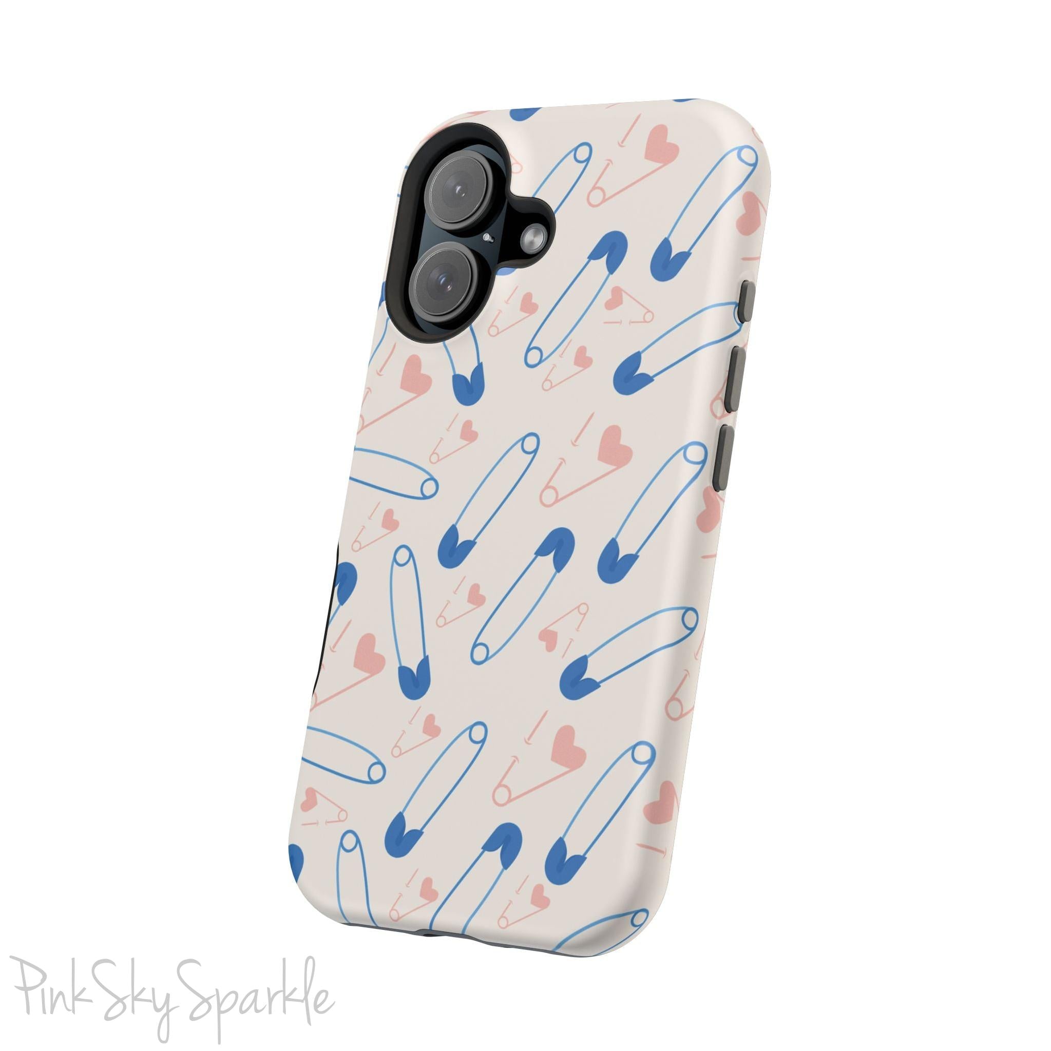 Make a statement with the Safety Pin Magnetic iPhone Case. Featuring a sleek design of blue safety pins, this case adds unique flair while providing durable protection for iPhone models 13, 14, 15, and 16.
