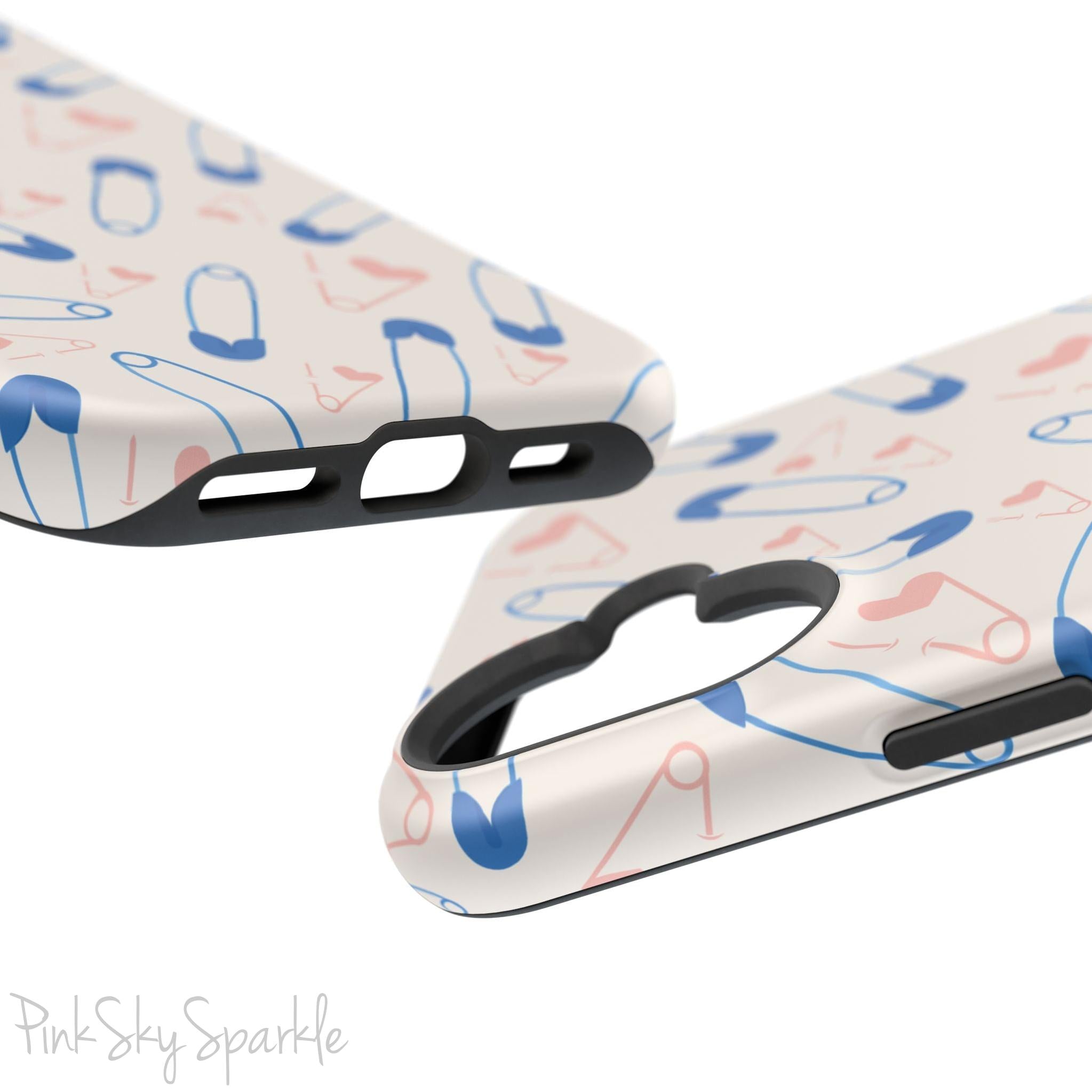 Make a statement with the Safety Pin Magnetic iPhone Case. Featuring a sleek design of blue safety pins, this case adds unique flair while providing durable protection for iPhone models 13, 14, 15, and 16.