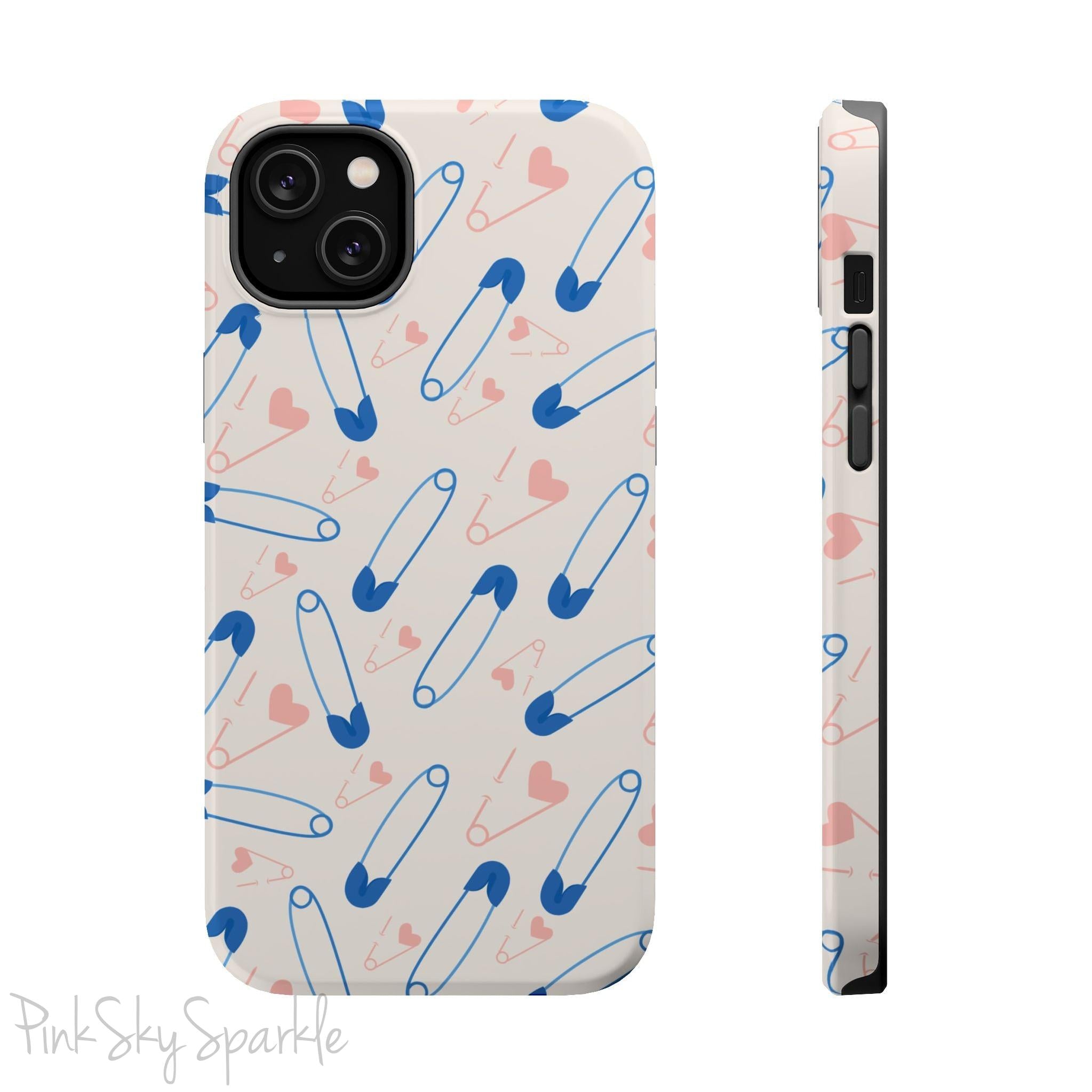 Make a statement with the Safety Pin Magnetic iPhone Case. Featuring a sleek design of blue safety pins, this case adds unique flair while providing durable protection for iPhone models 13, 14, 15, and 16.