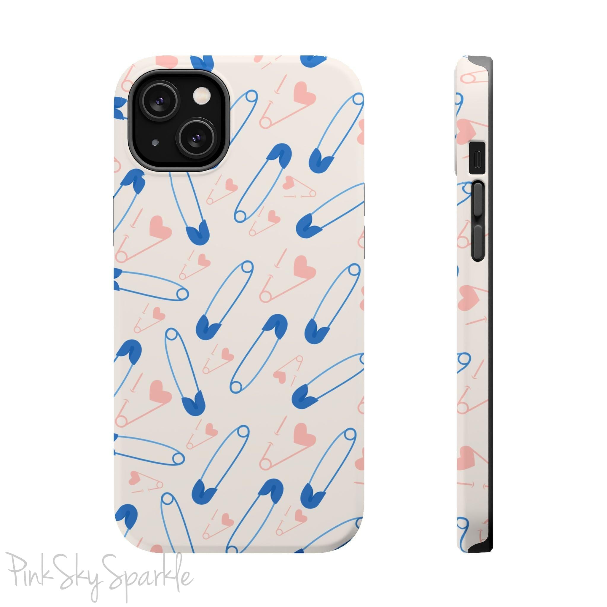Make a statement with the Safety Pin Magnetic iPhone Case. Featuring a sleek design of blue safety pins, this case adds unique flair while providing durable protection for iPhone models 13, 14, 15, and 16.