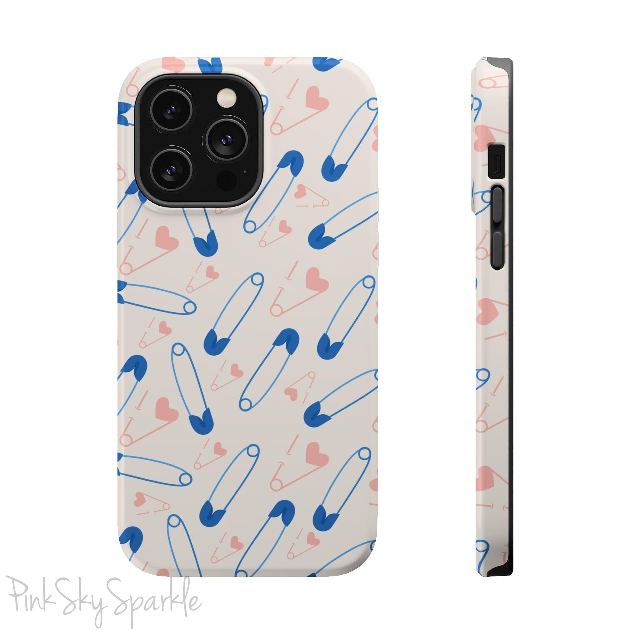 Make a statement with the Safety Pin Magnetic iPhone Case. Featuring a sleek design of blue safety pins, this case adds unique flair while providing durable protection for iPhone models 13, 14, 15, and 16.