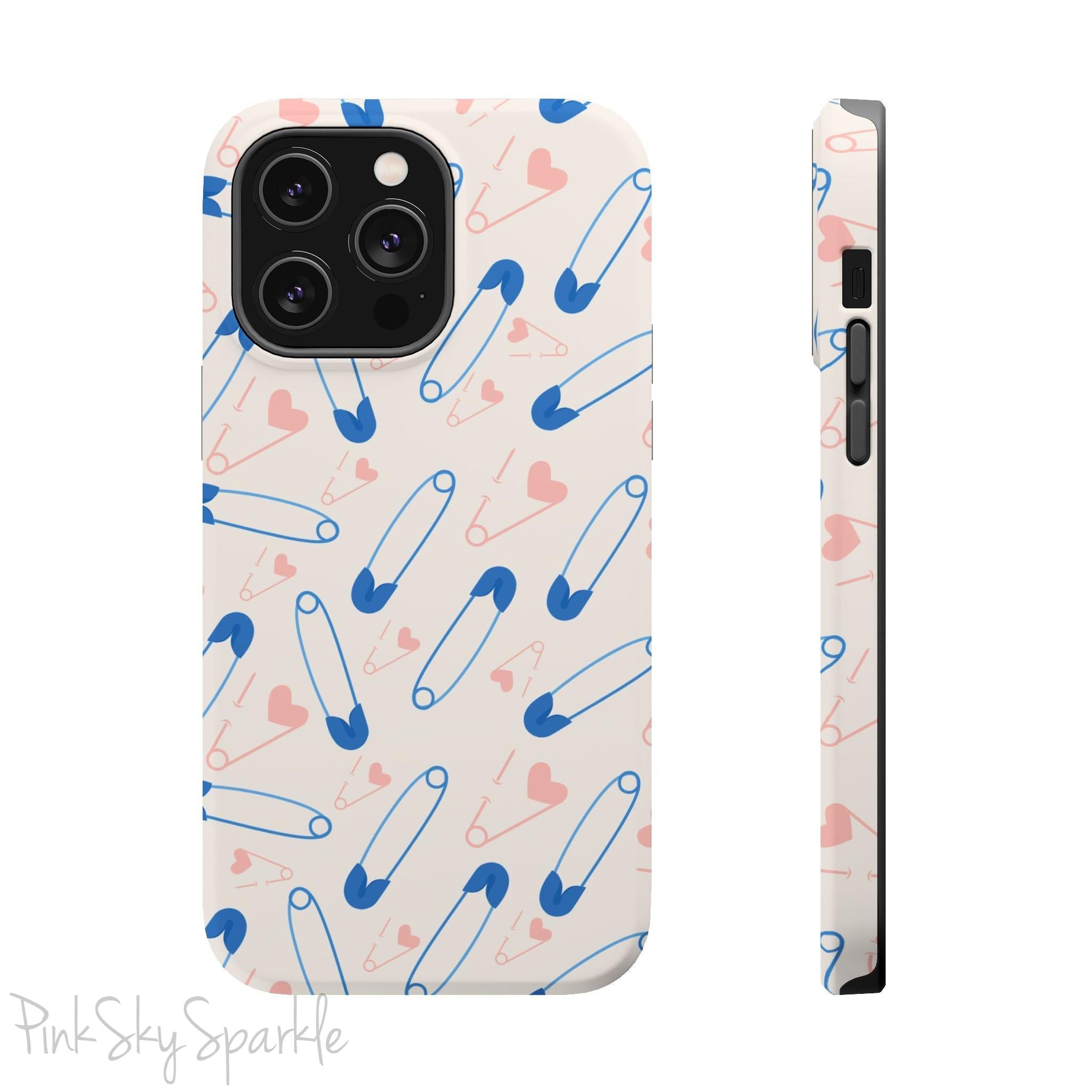 Make a statement with the Safety Pin Magnetic iPhone Case. Featuring a sleek design of blue safety pins, this case adds unique flair while providing durable protection for iPhone models 13, 14, 15, and 16.