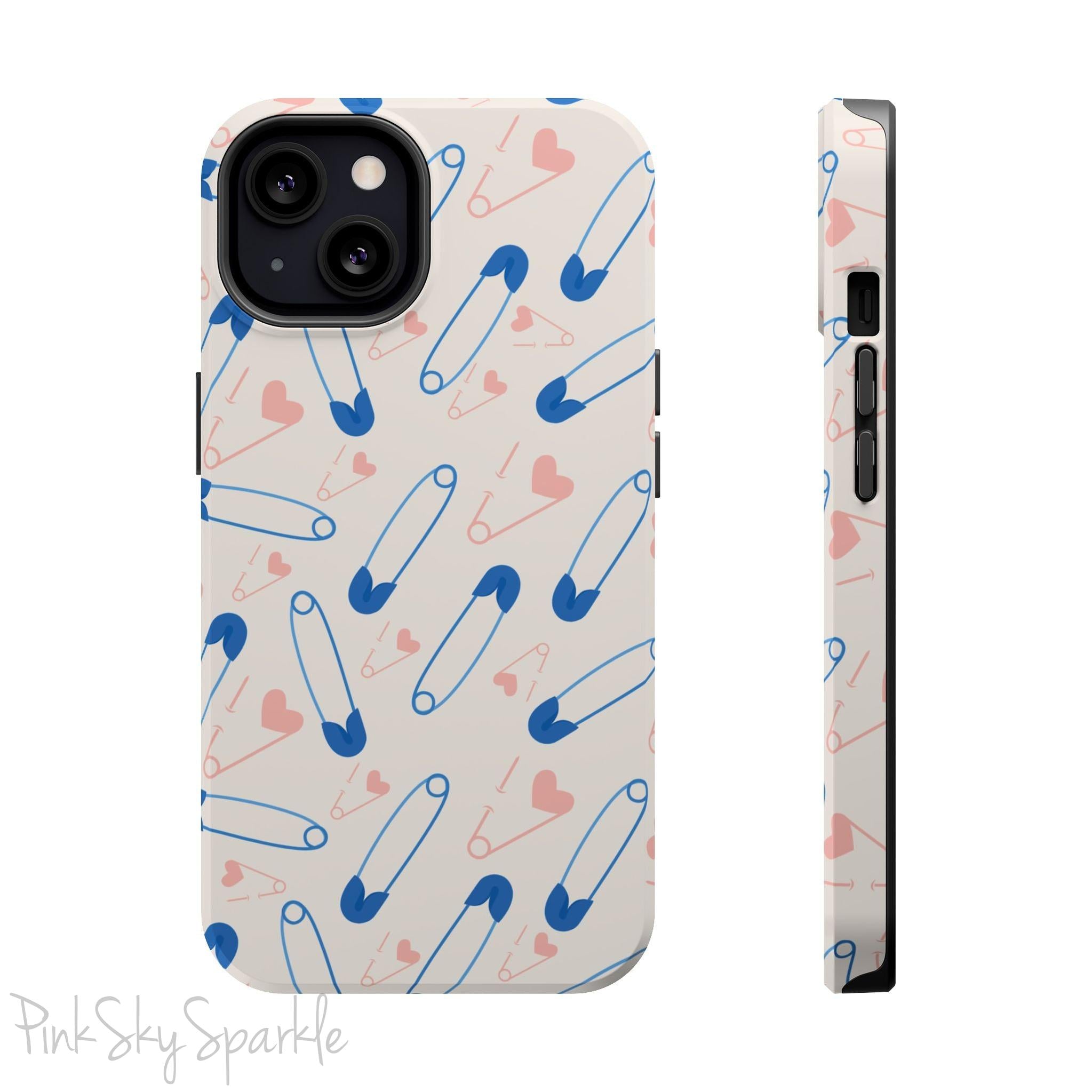 Make a statement with the Safety Pin Magnetic iPhone Case. Featuring a sleek design of blue safety pins, this case adds unique flair while providing durable protection for iPhone models 13, 14, 15, and 16.