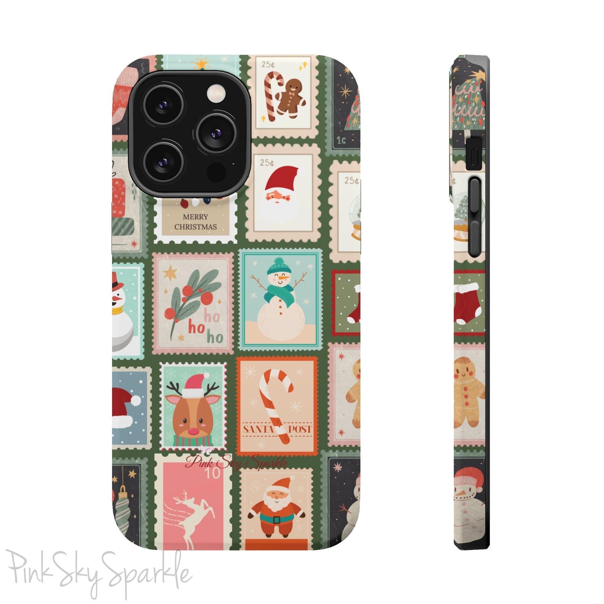 Santa's Stamp Collection Magnetic iPhone Case featuring festive holiday stamps with Christmas trees, snowflakes, candy canes, and Santa Claus, compatible with iPhone models 13, 14, 15, and 16.