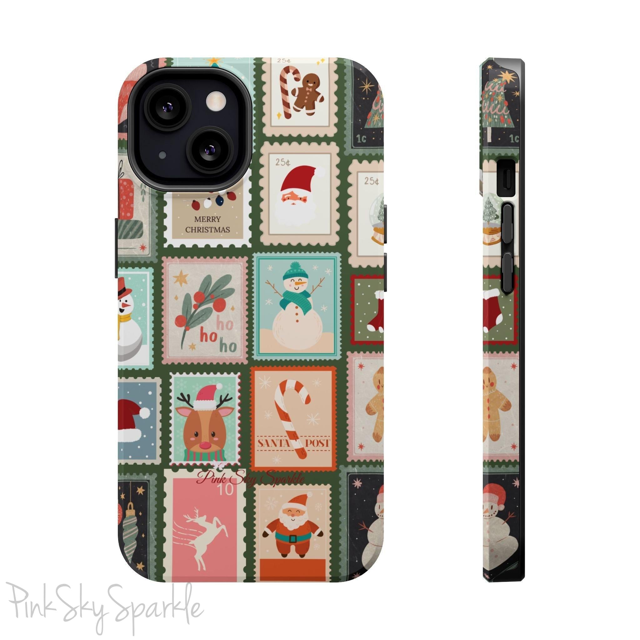 Santa's Stamp Collection Magnetic iPhone Case featuring festive holiday stamps with Christmas trees, snowflakes, candy canes, and Santa Claus, compatible with iPhone models 13, 14, 15, and 16.