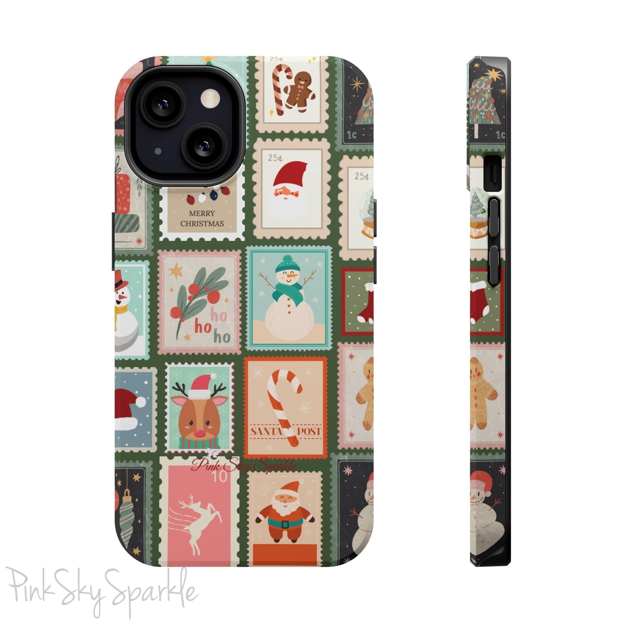 Santa's Stamp Collection Magnetic iPhone Case featuring festive holiday stamps with Christmas trees, snowflakes, candy canes, and Santa Claus, compatible with iPhone models 13, 14, 15, and 16.