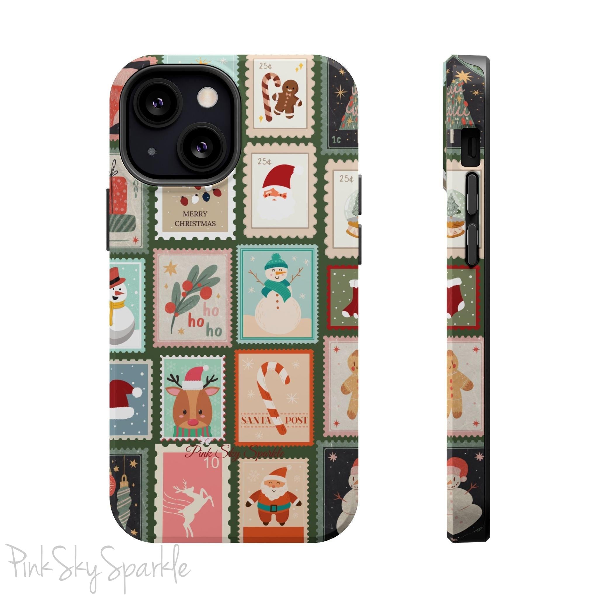 Santa's Stamp Collection Magnetic iPhone Case featuring festive holiday stamps with Christmas trees, snowflakes, candy canes, and Santa Claus, compatible with iPhone models 13, 14, 15, and 16.