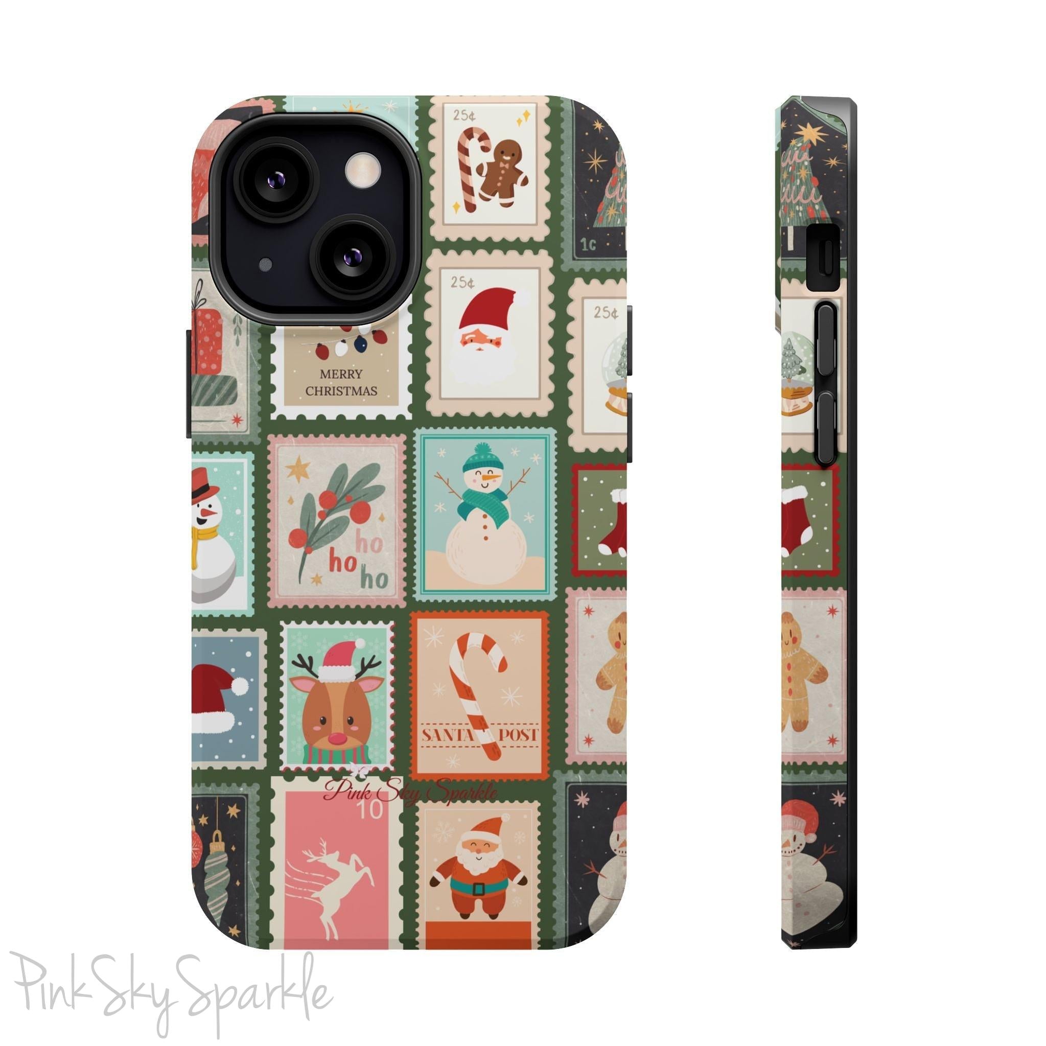 Santa's Stamp Collection Magnetic iPhone Case featuring festive holiday stamps with Christmas trees, snowflakes, candy canes, and Santa Claus, compatible with iPhone models 13, 14, 15, and 16.