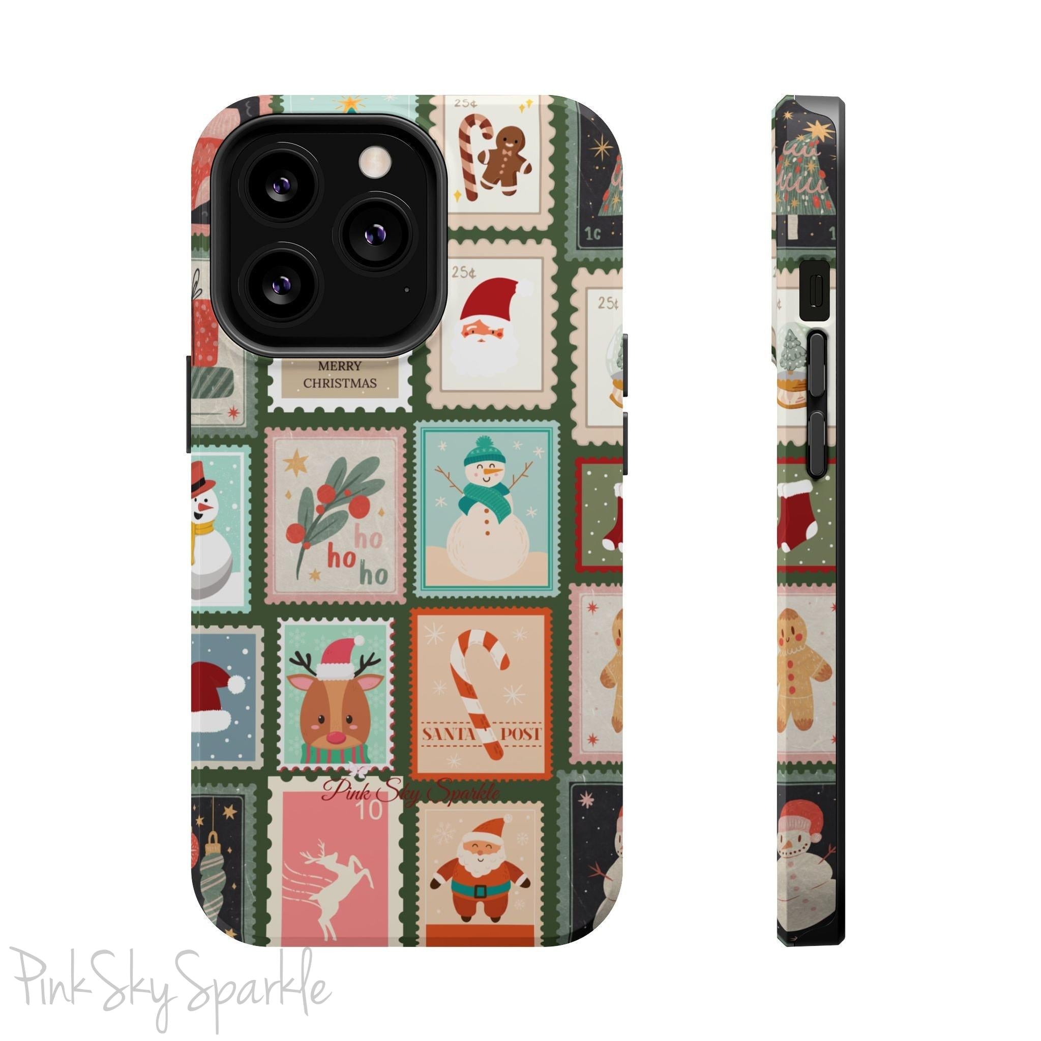 Santa's Stamp Collection Magnetic iPhone Case featuring festive holiday stamps with Christmas trees, snowflakes, candy canes, and Santa Claus, compatible with iPhone models 13, 14, 15, and 16.