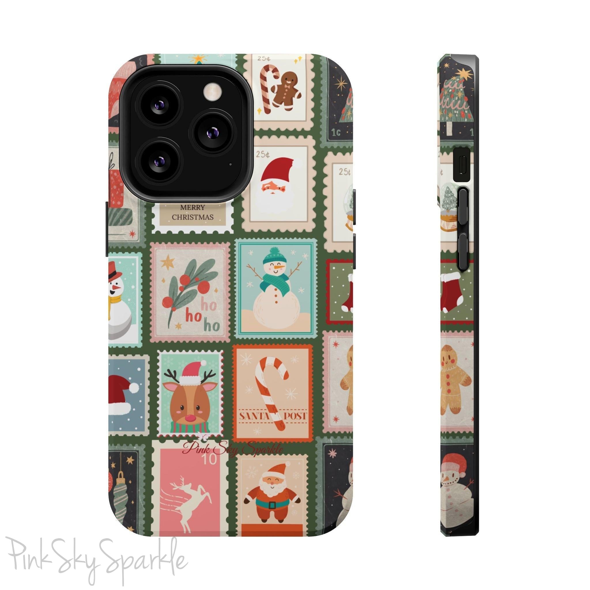 Santa's Stamp Collection Magnetic iPhone Case featuring festive holiday stamps with Christmas trees, snowflakes, candy canes, and Santa Claus, compatible with iPhone models 13, 14, 15, and 16.