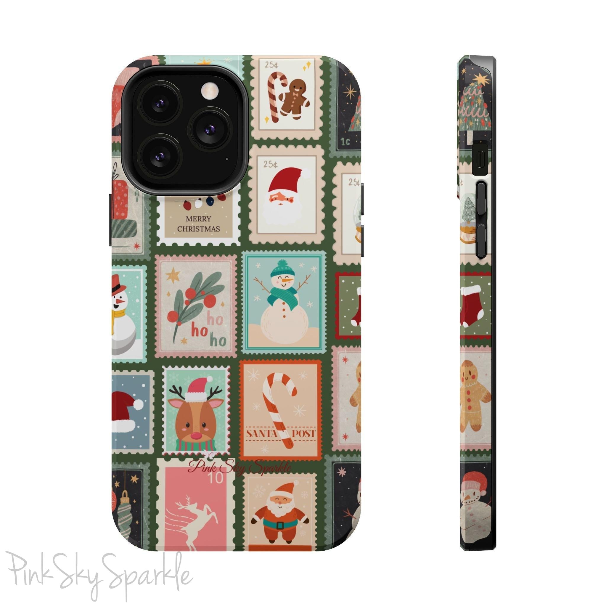 Santa's Stamp Collection Magnetic iPhone Case featuring festive holiday stamps with Christmas trees, snowflakes, candy canes, and Santa Claus, compatible with iPhone models 13, 14, 15, and 16.
