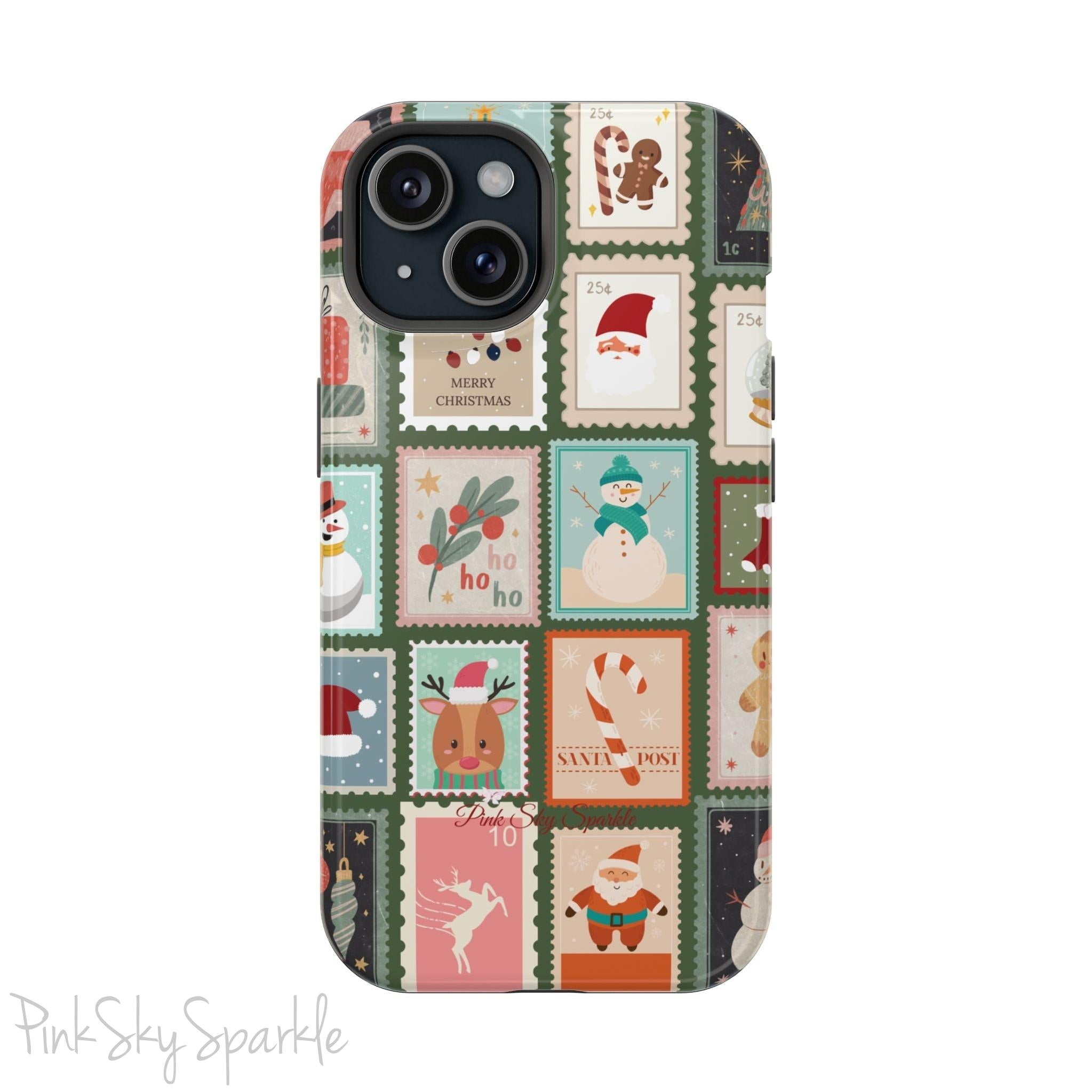 Santa's Stamp Collection Magnetic iPhone Case featuring festive holiday stamps with Christmas trees, snowflakes, candy canes, and Santa Claus, compatible with iPhone models 13, 14, 15, and 16.