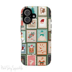 Santa's Stamp Collection Magnetic iPhone Case featuring festive holiday stamps with Christmas trees, snowflakes, candy canes, and Santa Claus, compatible with iPhone models 13, 14, 15, and 16.