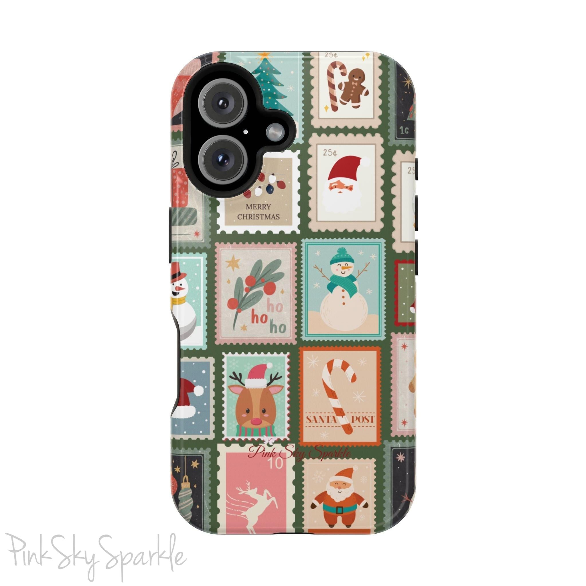 Santa's Stamp Collection Magnetic iPhone Case featuring festive holiday stamps with Christmas trees, snowflakes, candy canes, and Santa Claus, compatible with iPhone models 13, 14, 15, and 16.