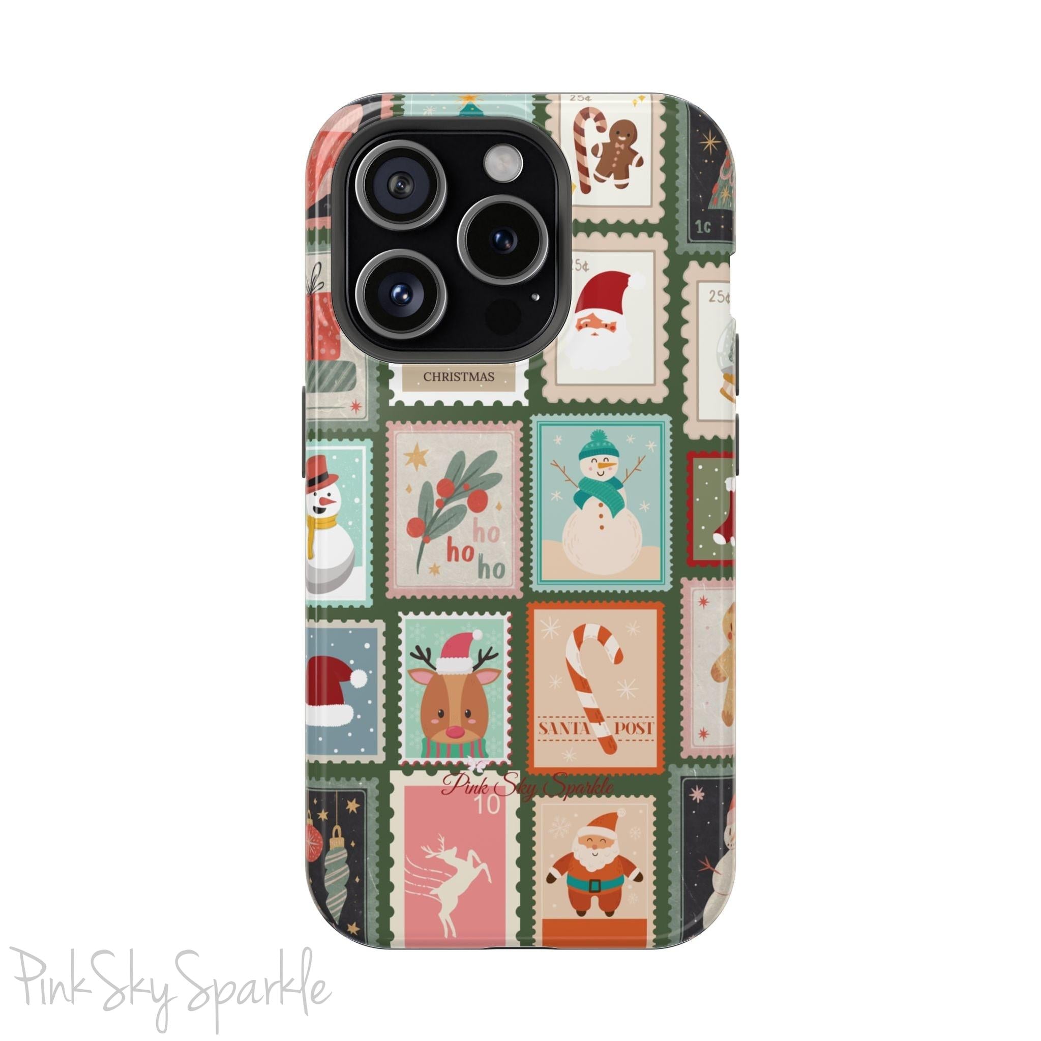 Santa's Stamp Collection Magnetic iPhone Case featuring festive holiday stamps with Christmas trees, snowflakes, candy canes, and Santa Claus, compatible with iPhone models 13, 14, 15, and 16.