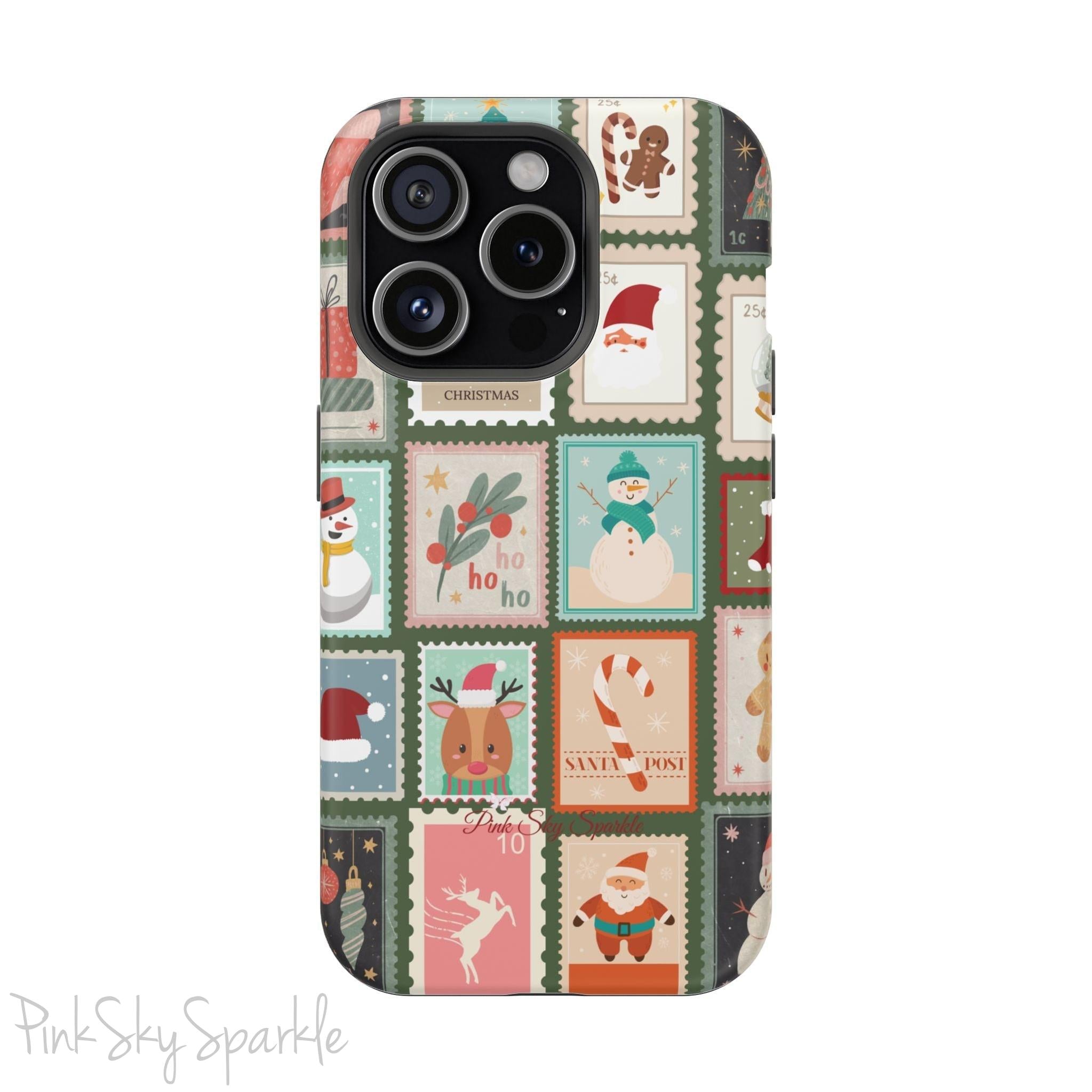 Santa's Stamp Collection Magnetic iPhone Case featuring festive holiday stamps with Christmas trees, snowflakes, candy canes, and Santa Claus, compatible with iPhone models 13, 14, 15, and 16.