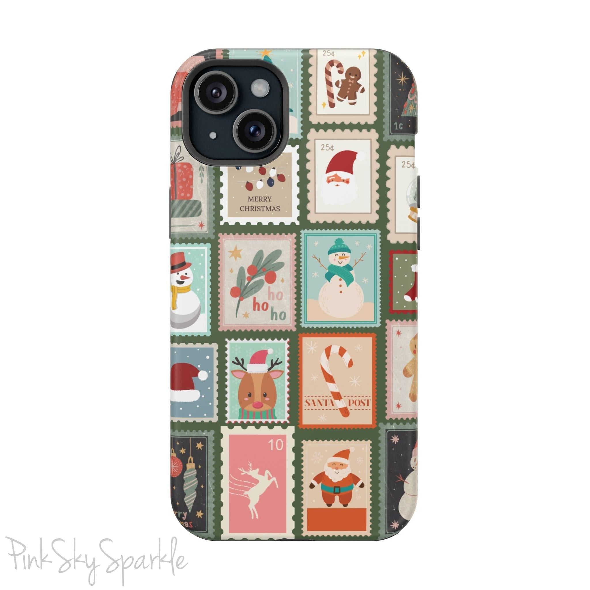 Santa's Stamp Collection Magnetic iPhone Case featuring festive holiday stamps with Christmas trees, snowflakes, candy canes, and Santa Claus, compatible with iPhone models 13, 14, 15, and 16.