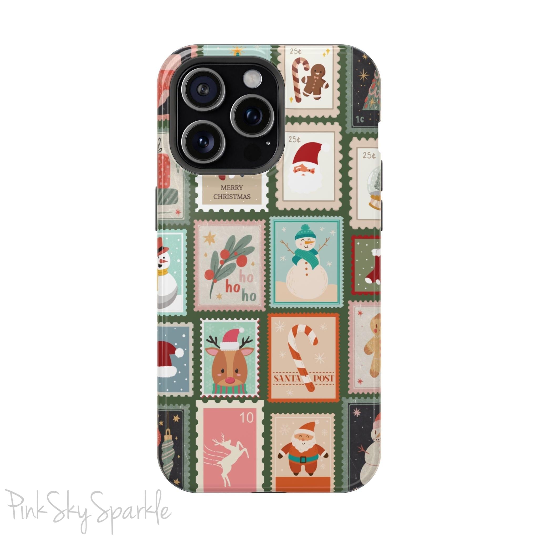 Santa's Stamp Collection Magnetic iPhone Case featuring festive holiday stamps with Christmas trees, snowflakes, candy canes, and Santa Claus, compatible with iPhone models 13, 14, 15, and 16.