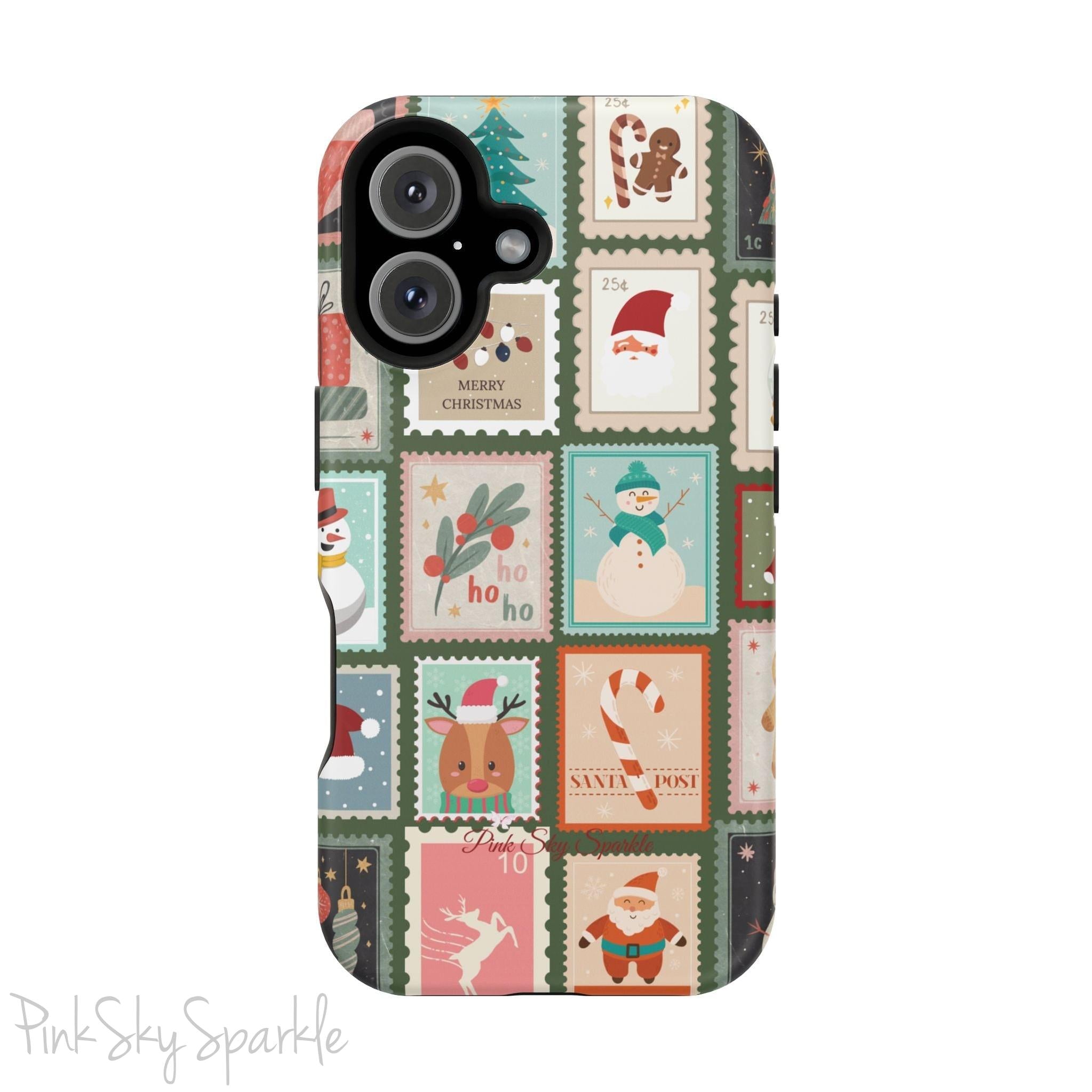 Santa's Stamp Collection Magnetic iPhone Case featuring festive holiday stamps with Christmas trees, snowflakes, candy canes, and Santa Claus, compatible with iPhone models 13, 14, 15, and 16.