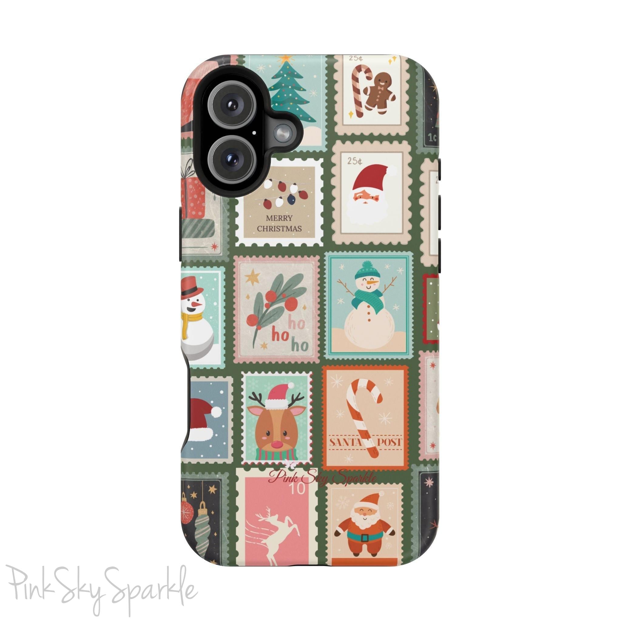 Santa's Stamp Collection Magnetic iPhone Case featuring festive holiday stamps with Christmas trees, snowflakes, candy canes, and Santa Claus, compatible with iPhone models 13, 14, 15, and 16.
