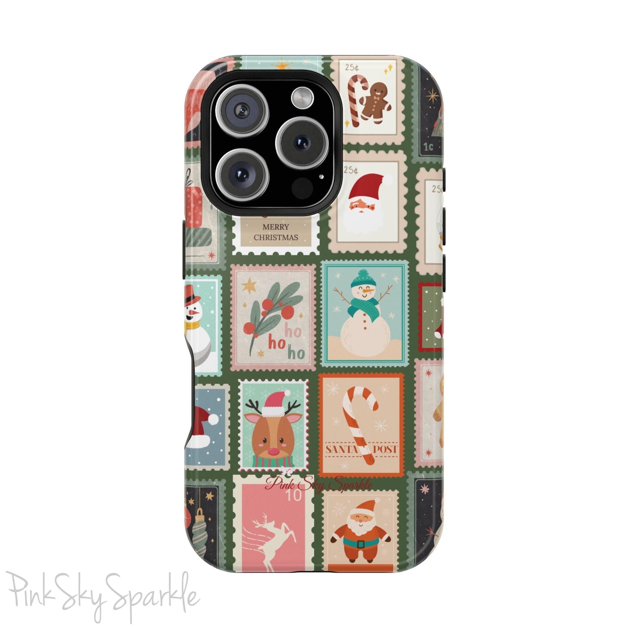 Santa's Stamp Collection Magnetic iPhone Case featuring festive holiday stamps with Christmas trees, snowflakes, candy canes, and Santa Claus, compatible with iPhone models 13, 14, 15, and 16.