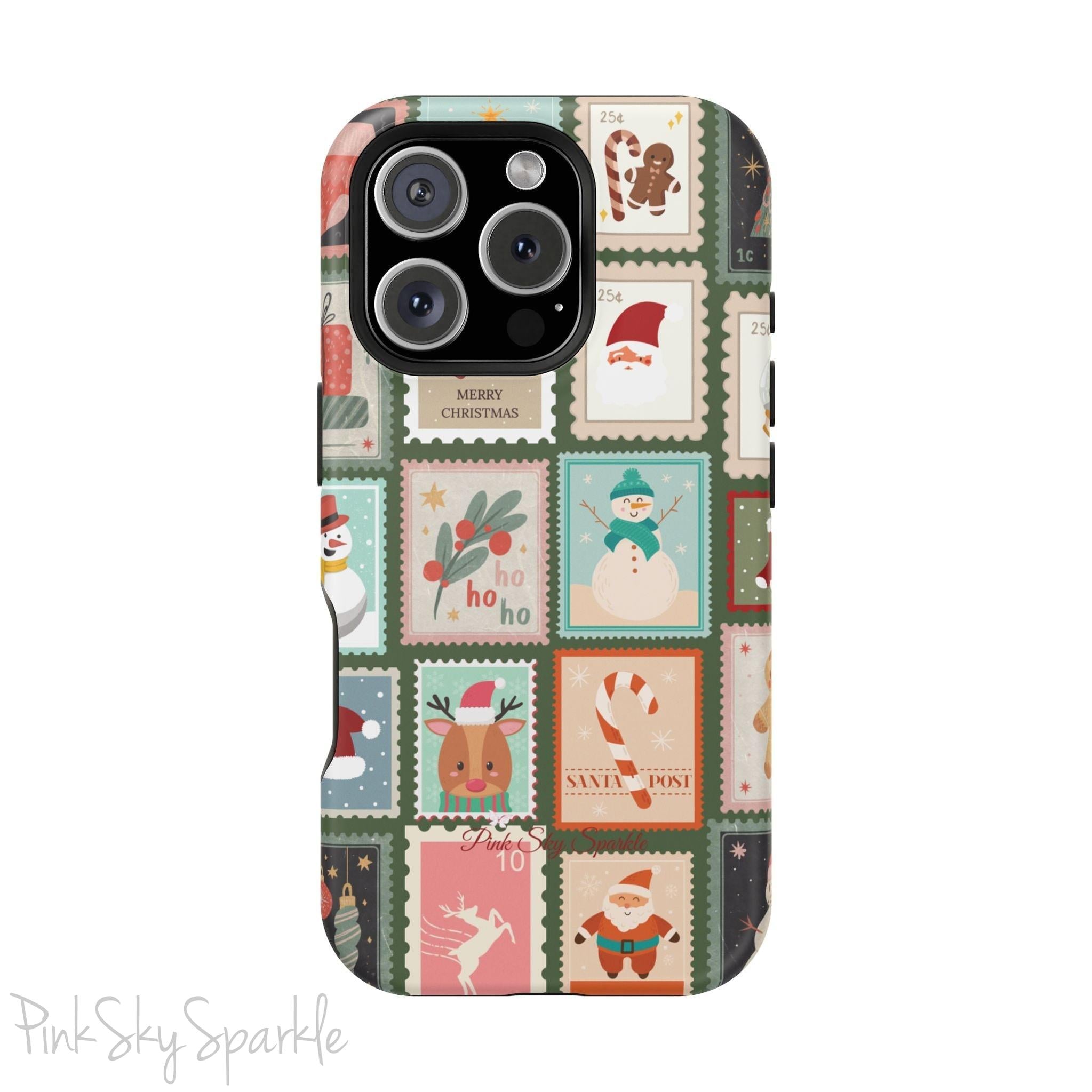 Santa's Stamp Collection Magnetic iPhone Case featuring festive holiday stamps with Christmas trees, snowflakes, candy canes, and Santa Claus, compatible with iPhone models 13, 14, 15, and 16.