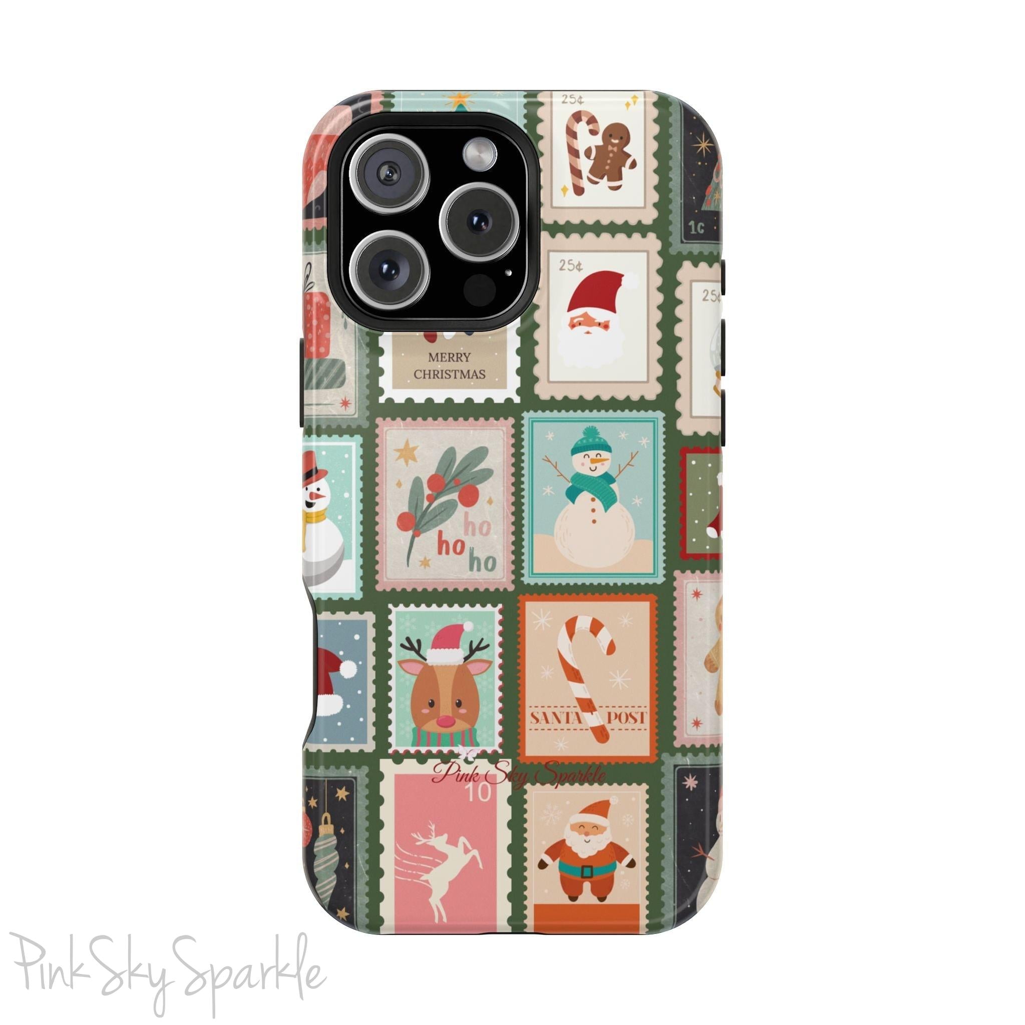 Santa's Stamp Collection Magnetic iPhone Case featuring festive holiday stamps with Christmas trees, snowflakes, candy canes, and Santa Claus, compatible with iPhone models 13, 14, 15, and 16.