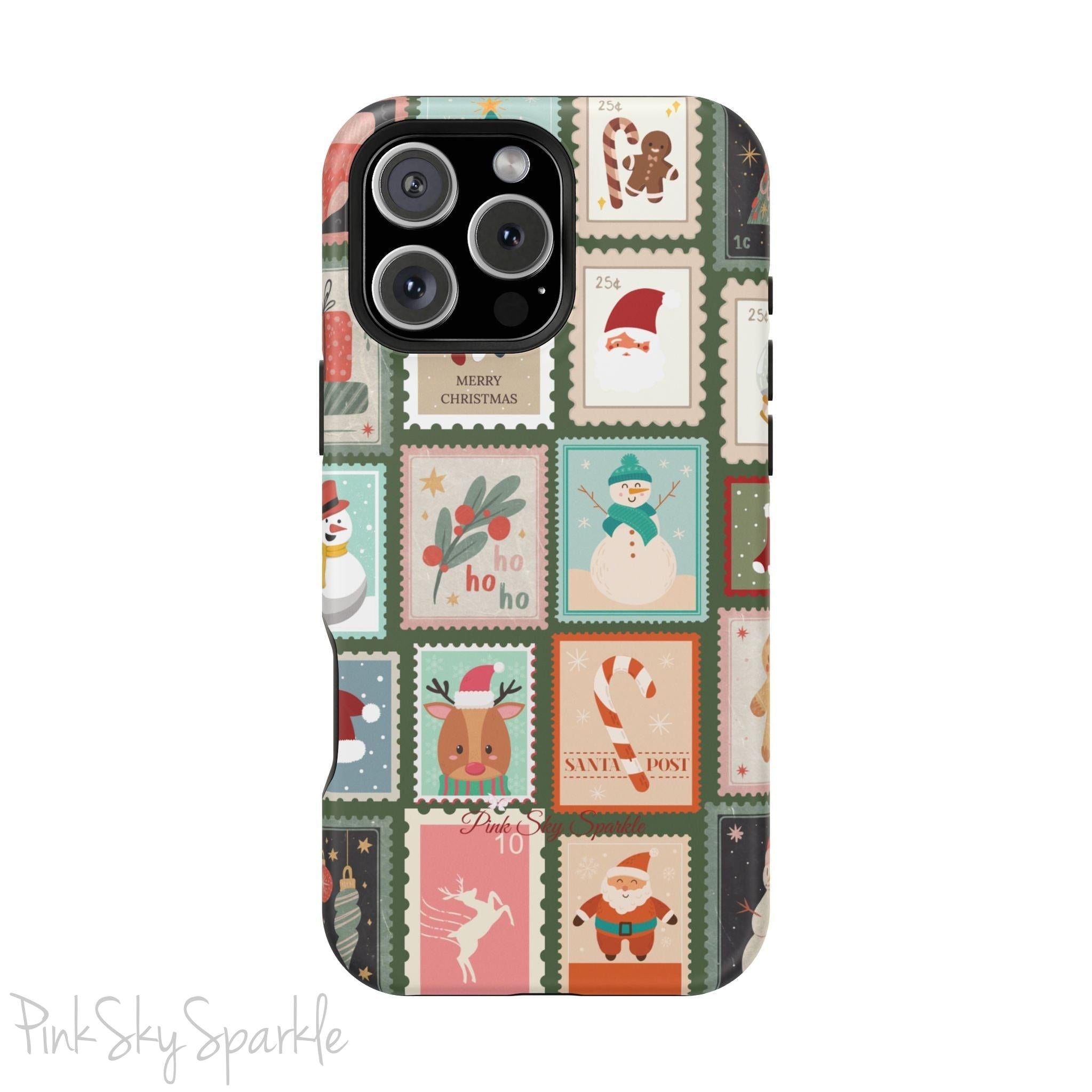 Santa's Stamp Collection Magnetic iPhone Case featuring festive holiday stamps with Christmas trees, snowflakes, candy canes, and Santa Claus, compatible with iPhone models 13, 14, 15, and 16.