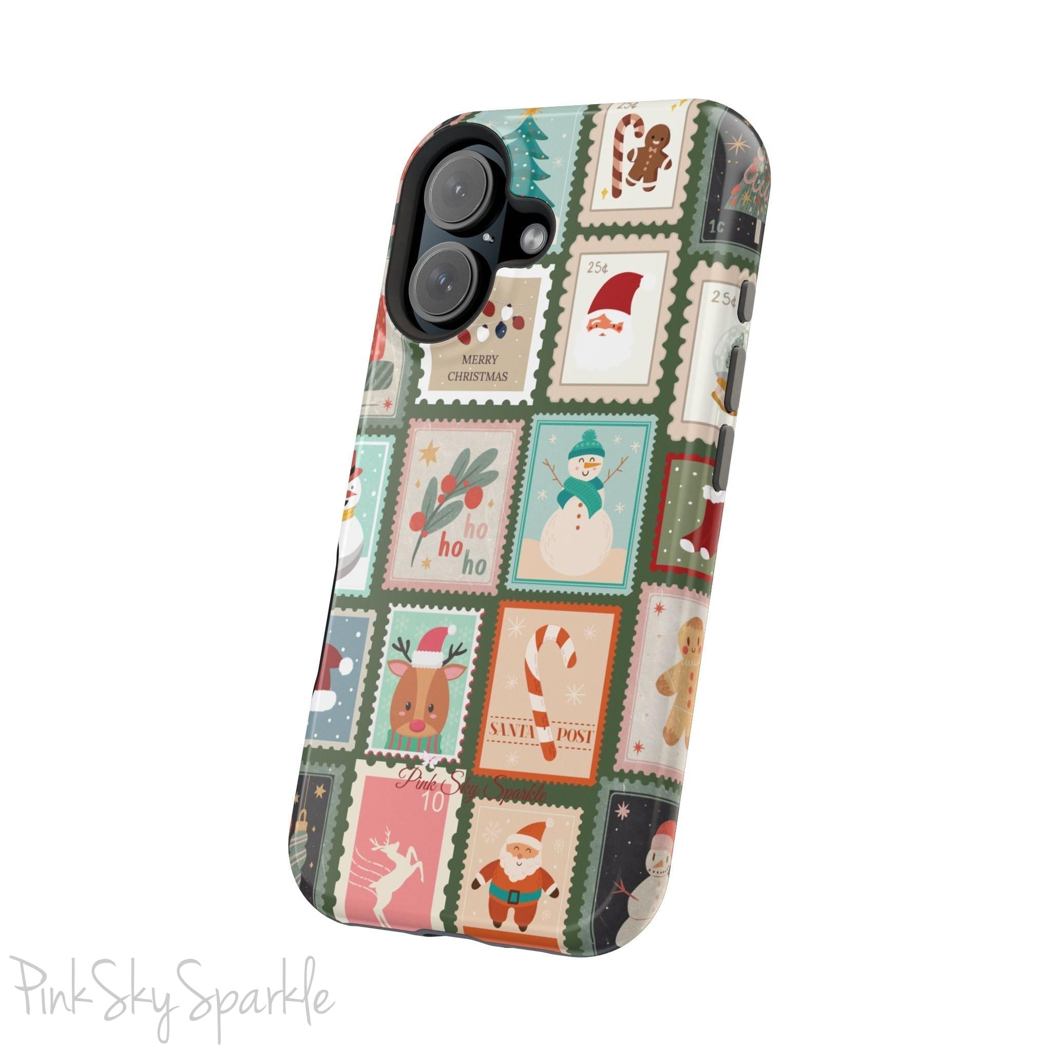 Santa's Stamp Collection Magnetic iPhone Case featuring festive holiday stamps with Christmas trees, snowflakes, candy canes, and Santa Claus, compatible with iPhone models 13, 14, 15, and 16.