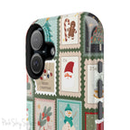 Santa's Stamp Collection Magnetic iPhone Case featuring festive holiday stamps with Christmas trees, snowflakes, candy canes, and Santa Claus, compatible with iPhone models 13, 14, 15, and 16.