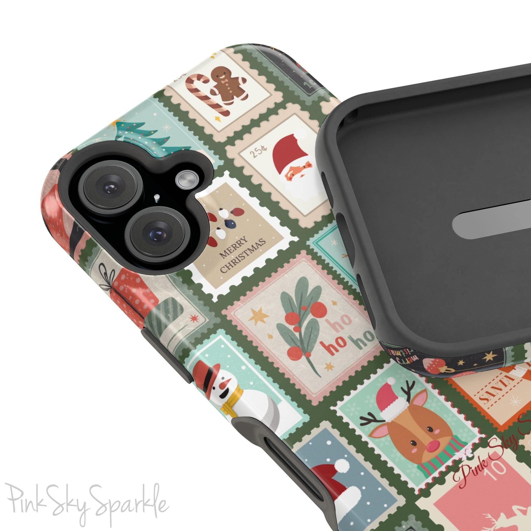 Santa's Stamp Collection Magnetic iPhone Case featuring festive holiday stamps with Christmas trees, snowflakes, candy canes, and Santa Claus, compatible with iPhone models 13, 14, 15, and 16.