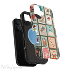 Santa's Stamp Collection Magnetic iPhone Case featuring festive holiday stamps with Christmas trees, snowflakes, candy canes, and Santa Claus, compatible with iPhone models 13, 14, 15, and 16.